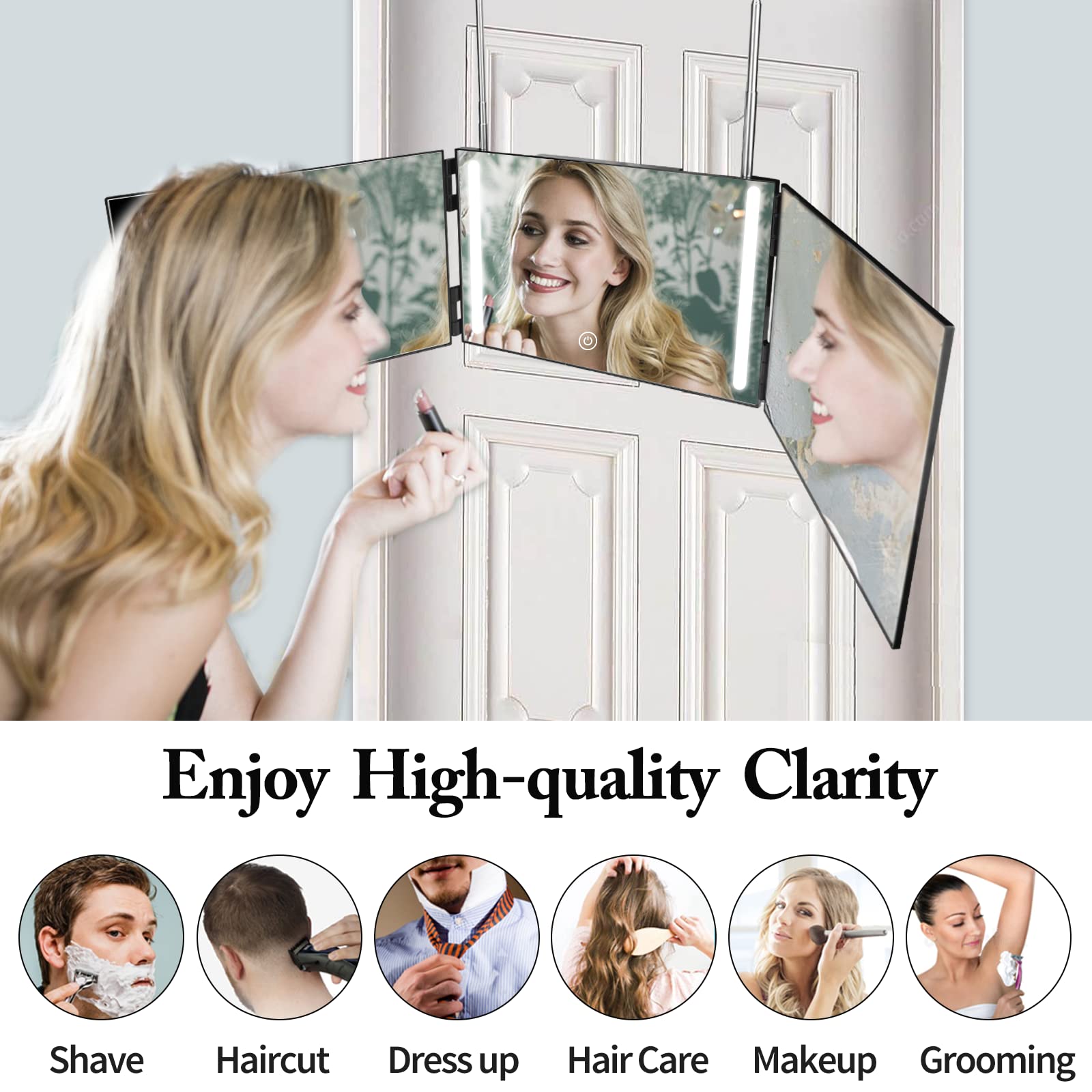 360° LED Lighted Trifold Mirror for Hair Cutting, Makeup & Styling - Rechargeable 3-Way Barber Mirror with Adjustable Angles, Perfect for Home Salon, Professional Styling & Unique Gifts for Men/Women