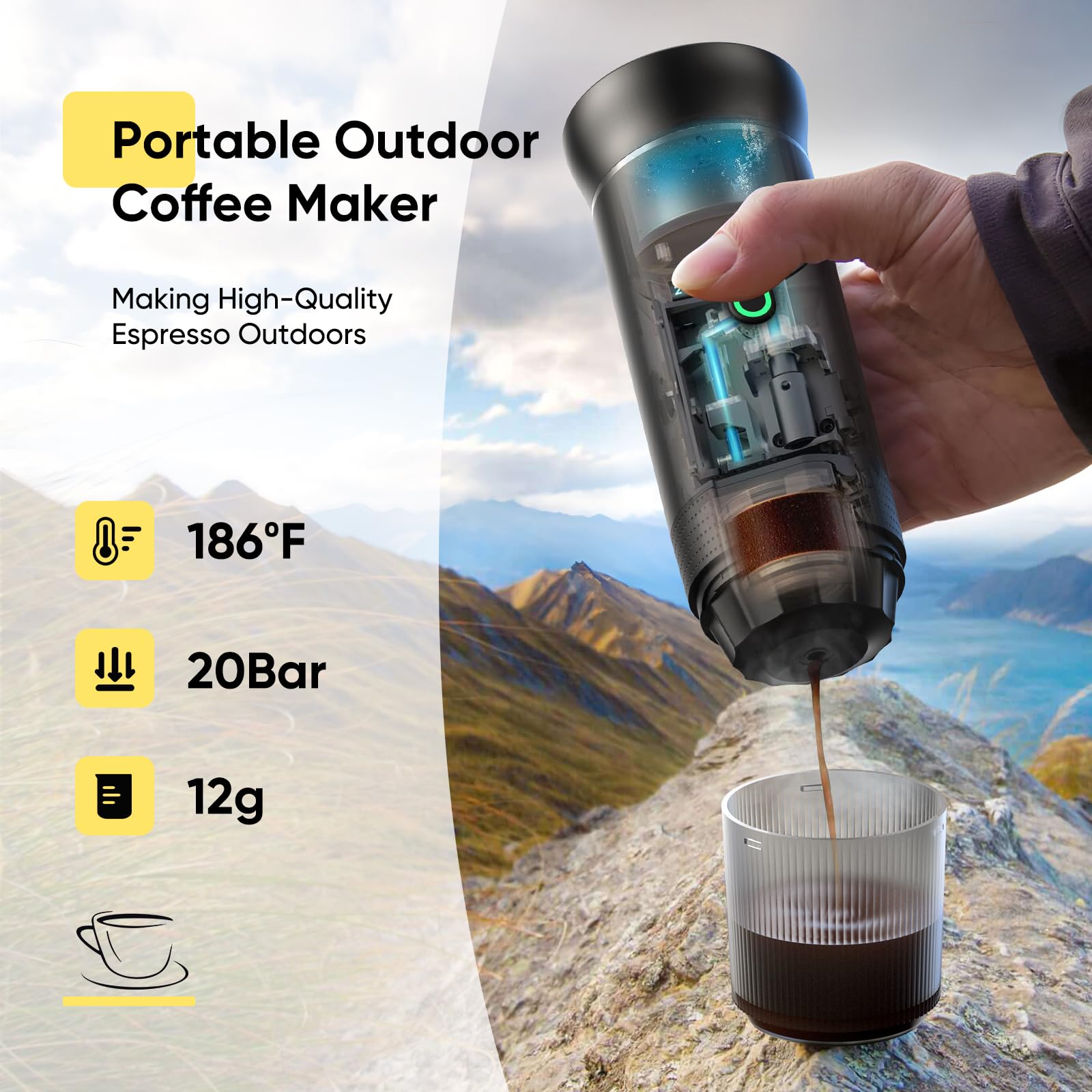 Portable Espresso Maker - USB-C Travel Coffee Machine for Camping, Hiking & RV | Self-Heating Car Coffee Maker Compatible with Ground Coffee & Nespresso Capsules | Perfect for Outdoor Adventures, Road Trips & Home Use