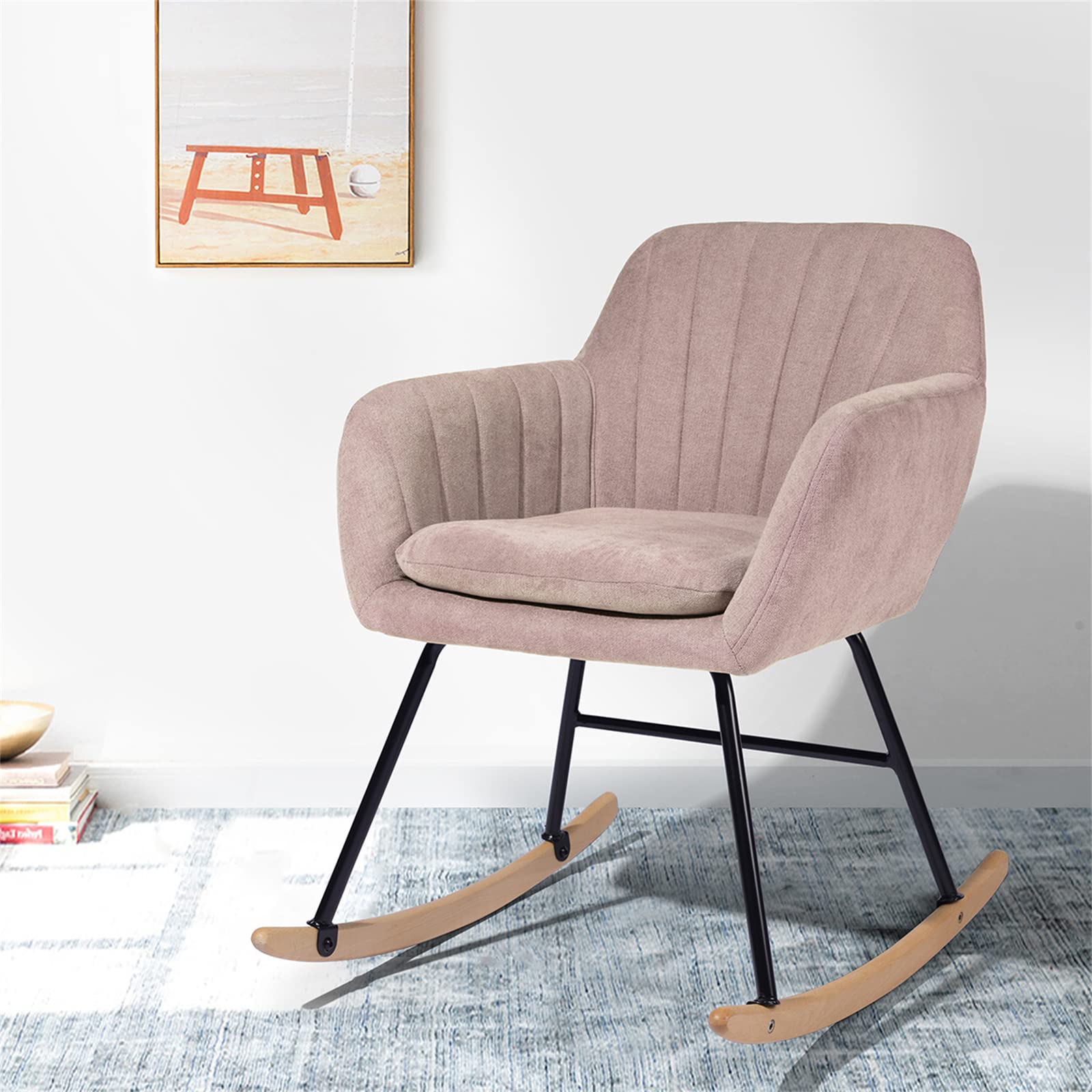 Modern Rocking Chair Armchair - Small Comfortable Fabric Nursery Rocker with Wood Base, Upholstered Accent Chair for Relaxing & Napping - Pink Lounge Chair for Home, Living Room, Nursery or Small Spaces