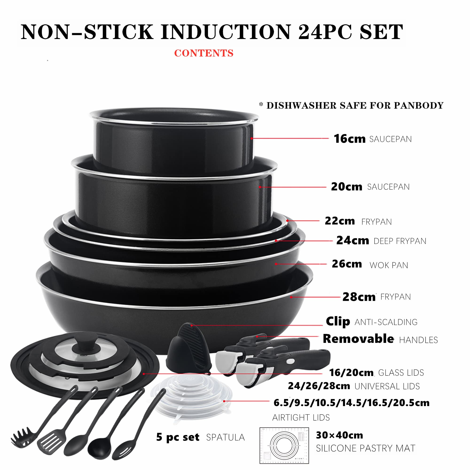 24-Piece Non-Stick Cookware Set with Removable Handles - Stackable Pots and Pans for RV, Camping & Home Use - Oven, Induction, Gas & Electric Stovetop Safe - Includes Silicone Pastry Mat - Dishwasher Safe - Perfect for Outdoor Adventures, Small Kitchens & Family Cooking