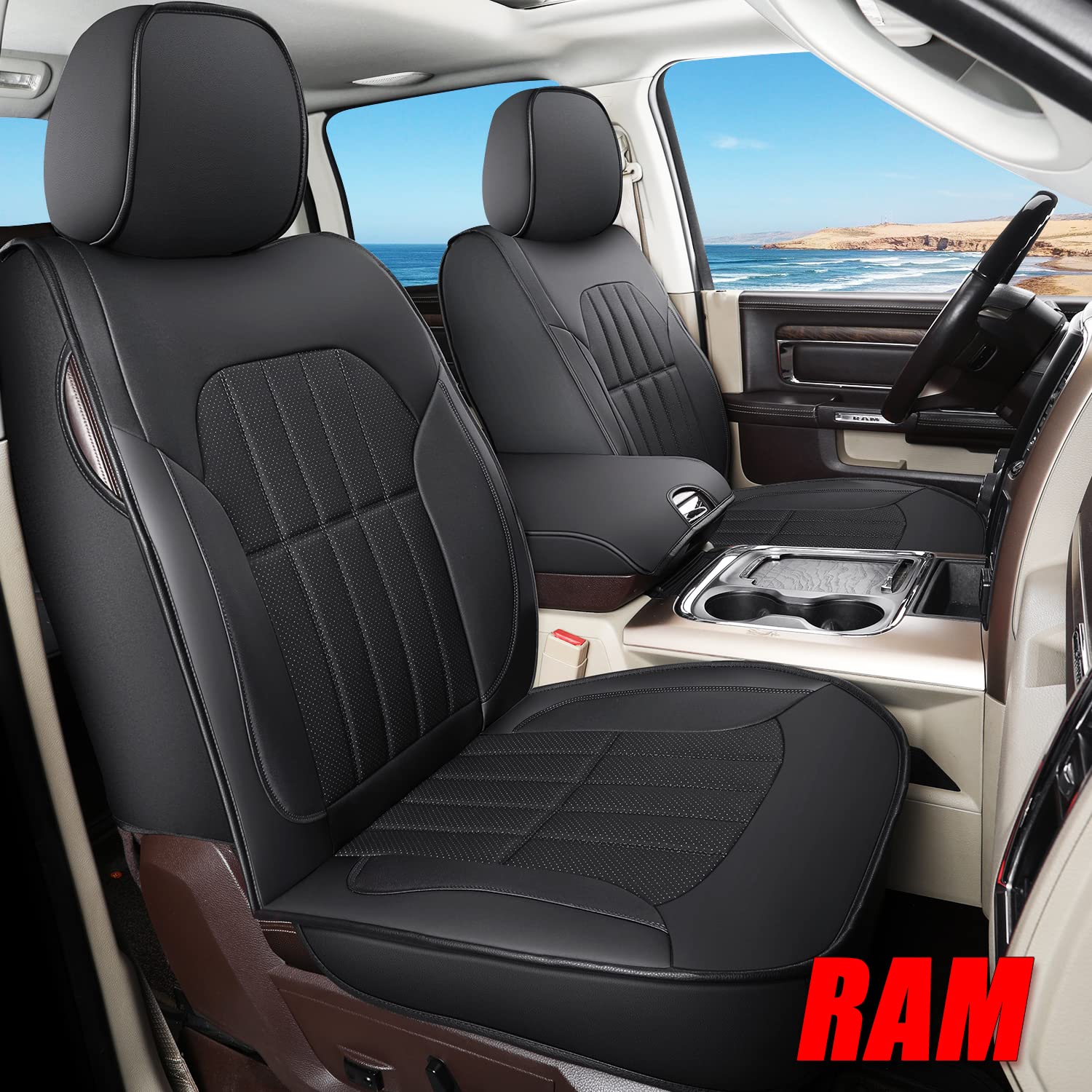Premium Waterproof Leather Seat Covers for Dodge Ram Trucks - Custom Fit for 2002-2018 Ram 1500 & 2002-2023 Ram 2500/3500 Crew/Mega Cab - Full Set Luxury Protection - Perfect for Off-Roading, Work Trucks & Daily Commutes