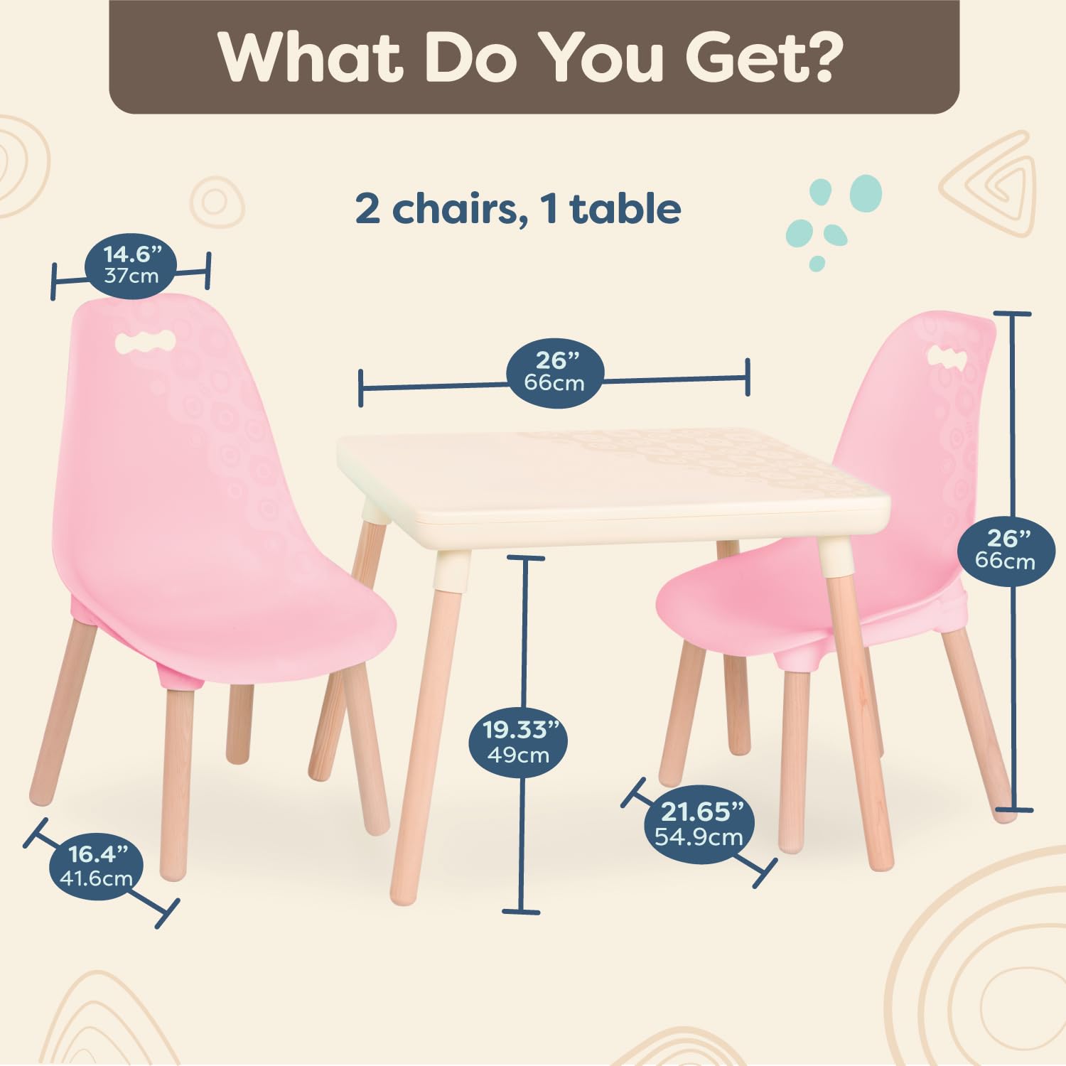 B. Spaces Kids Table and Chair Set - 1 Craft Table & 2 Chairs - Natural Wooden Legs - Modern Children's Furniture in Pink & Ivory - Perfect for Playroom, Classroom & Homeschool Learning Activities