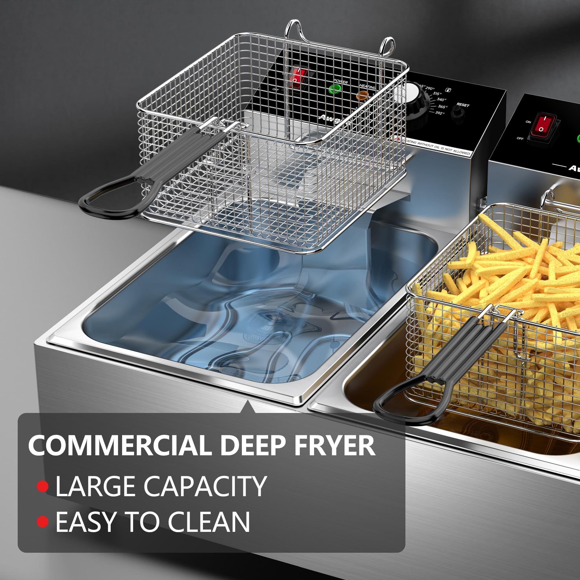 Commercial Stainless Steel Double Deep Fryer - 10L x 2 (21.3QT) Capacity with 2 Baskets - 3400W Electric Countertop Fryer for Restaurants, Food Trucks & Home Kitchens - Perfect for Frying Chicken, French Fries & Seafood (110V)