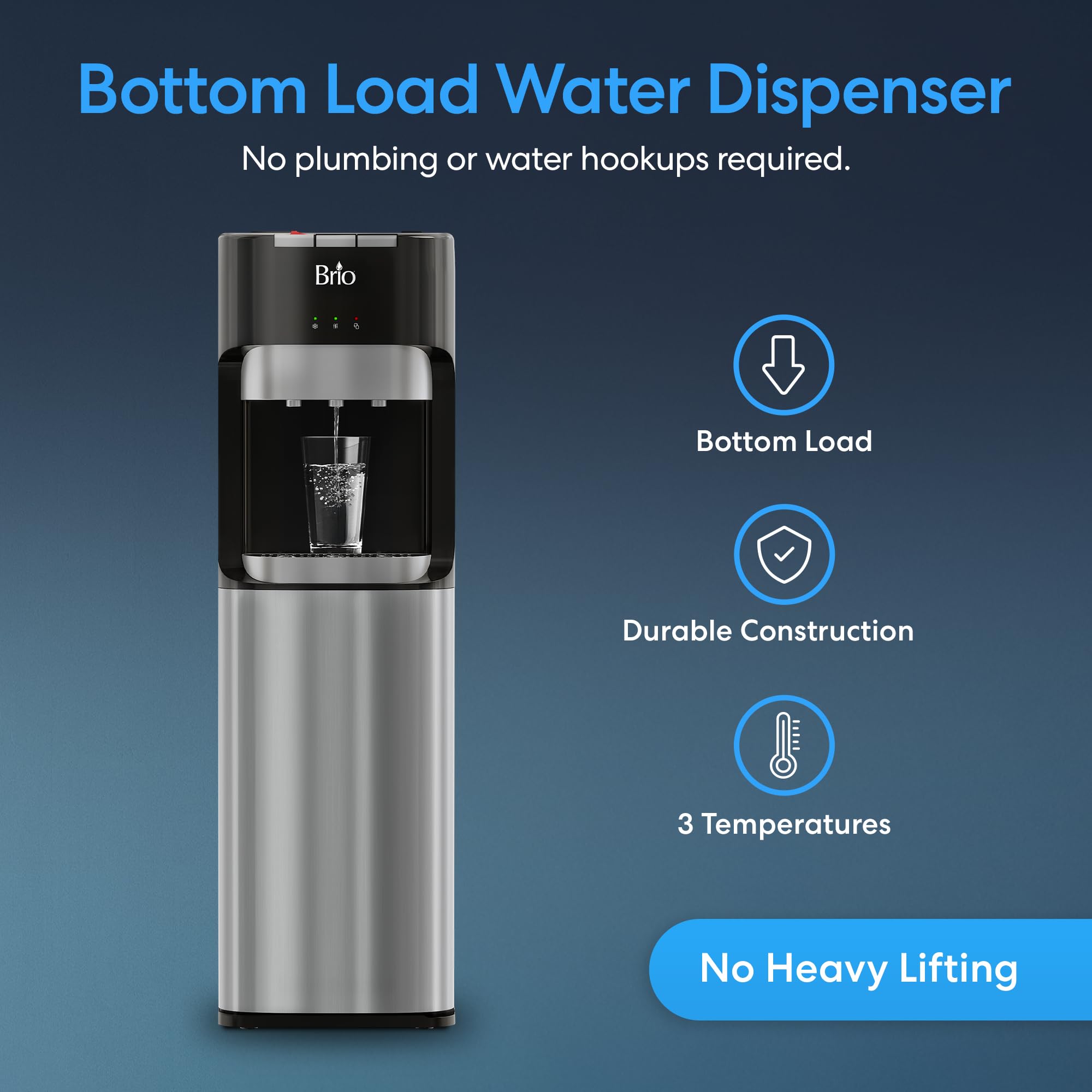 Brio Bottom Loading Water Cooler Dispenser for 5 Gallon Bottles - 3 Temperature Settings (Hot, Room, Cold) with Child Safety Lock, LED Display & Empty Bottle Alert - Stainless Steel Office & Home Water Dispenser for Kitchen, Breakroom, or Workplace Hydration