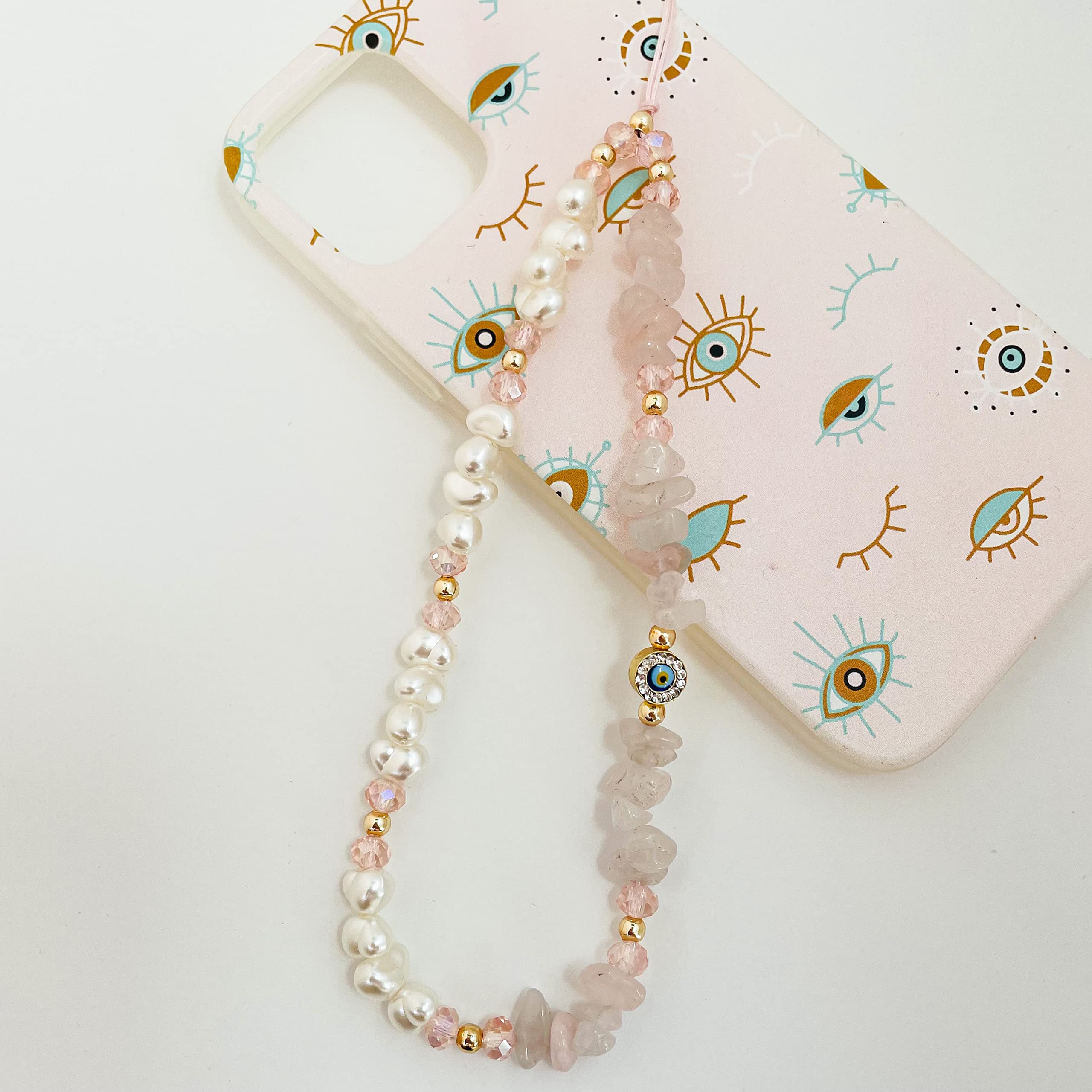 Evil Eye Beaded Phone Charm with Rose Quartz Gemstone - Y2K Pearl Beaded Phone Strap, Handmade Phone Jewelry for Women & Girls - Perfect for Phone Protection, Stylish Accessory & Gift Idea