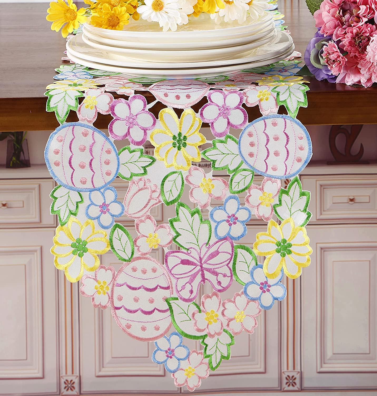 Easter Spring Floral Table Runner - Embroidered Cutwork Eggs & Butterflies Design - 13x83 Inch Holiday Dining Decor for Kitchen, Home, Party (Perfect for Easter, Spring Celebrations & Festive Gatherings)