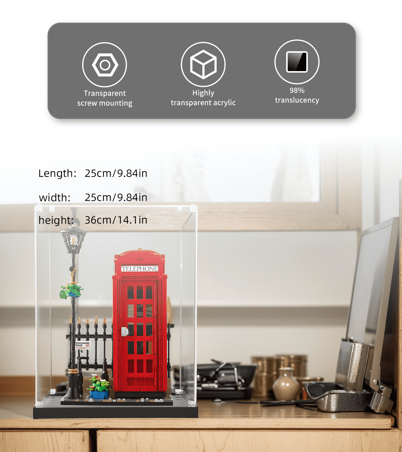 LEGO Creator Red London Telephone Box 21347 Display Case - Premium Acrylic Showcase for Collectible LEGO Sets | Perfect for Home Decor, Office Display & Gift Giving