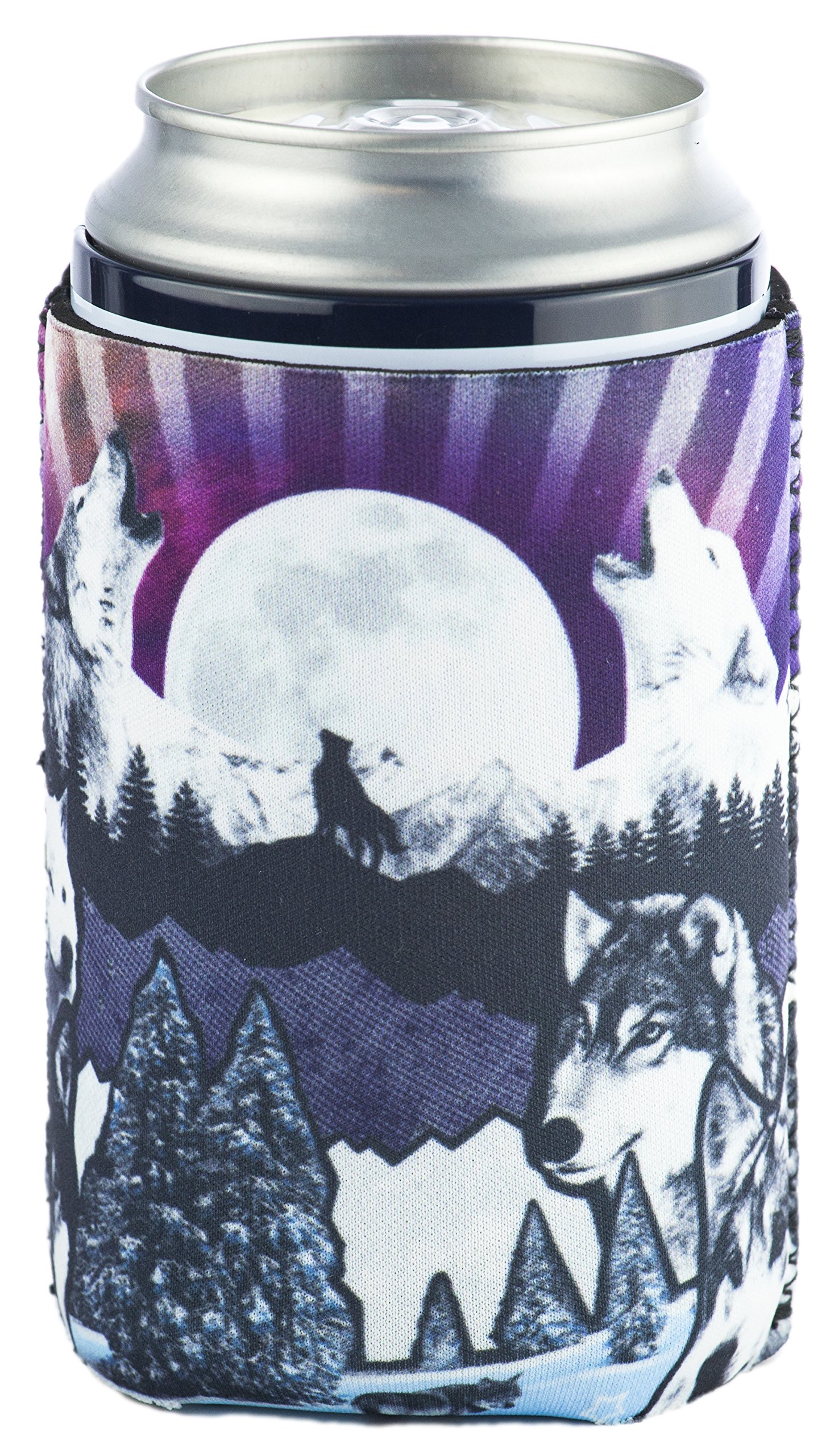 Funny Wolf Design Collapsible Neoprene Can Cooler - Insulated Beer & Soda Holder for Camping, Beach & Outdoor Parties