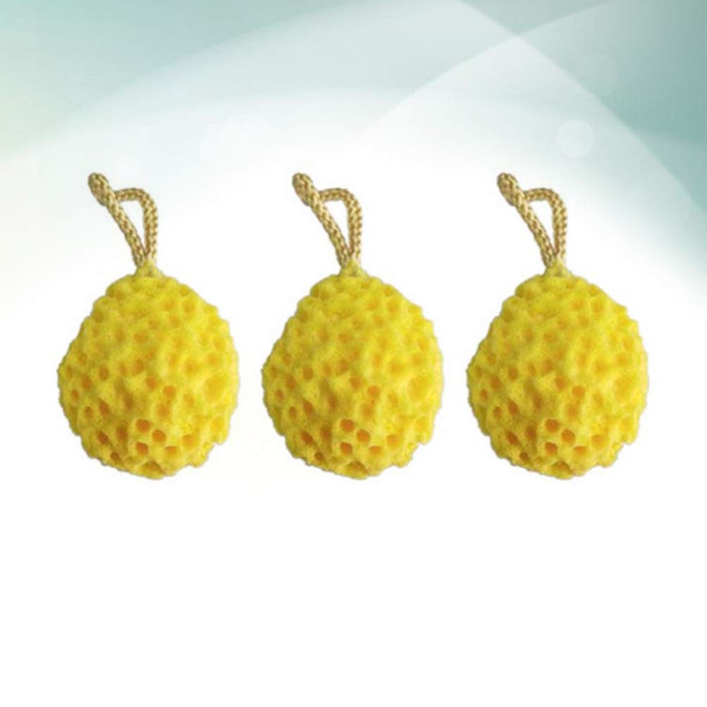 Exfoliating Loofah Sponge for Shower - 3 Pack Gentle Body Scrubber with Hanging Rope, Bath Pouf for Women, Men & Kids - Perfect for Exfoliation & Deep Cleaning (Ginger Yellow) - Ideal for Spa, Home & Travel Use