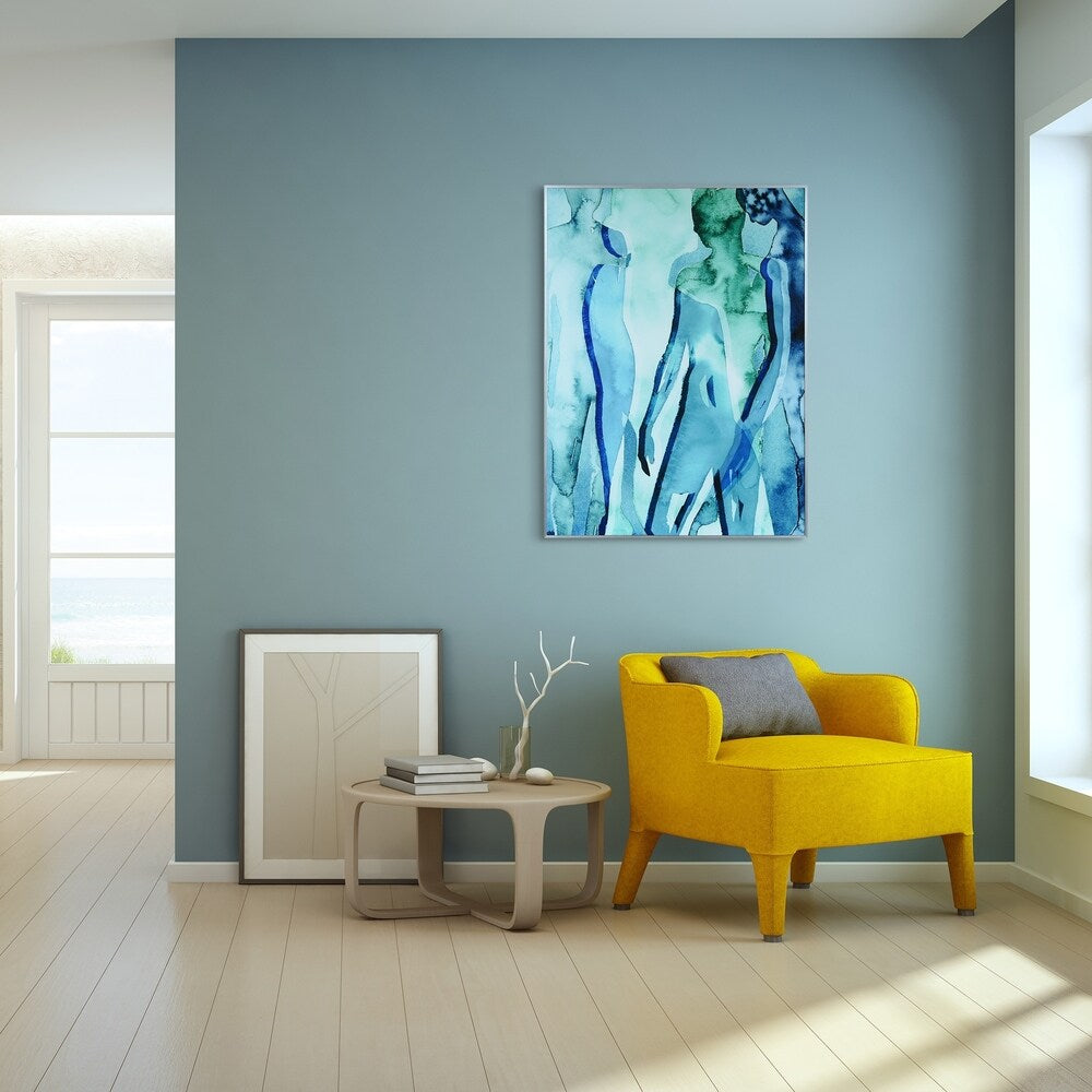 Abstract Blue & Green Silhouette Wall Art - Glass Panel with Silver Anodized Aluminum Frame - Modern Home & Office Decor for Living Room, Bedroom, or Workspace