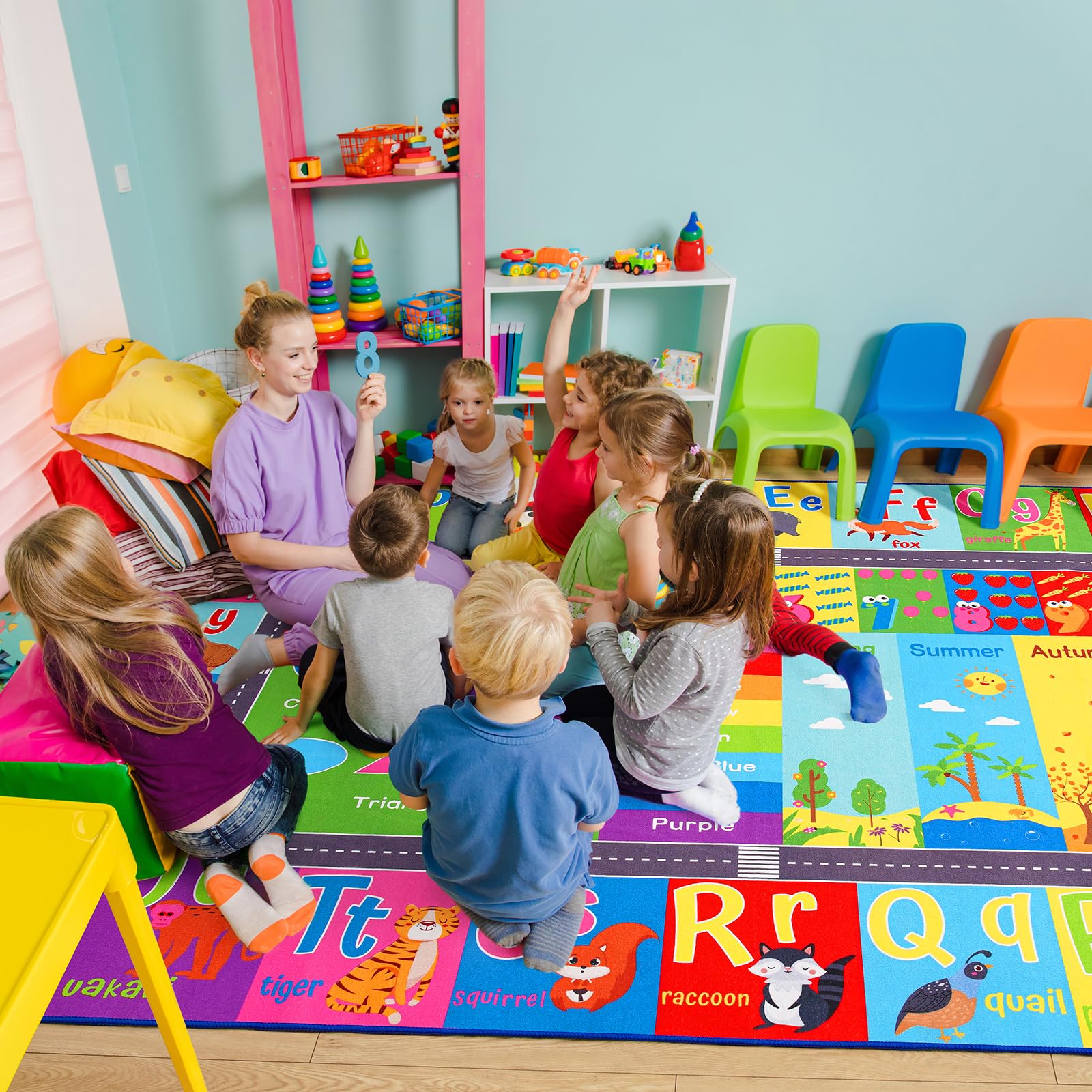 Premium HOMORE Kids Educational Rug 7x10 ft - Alphabet, Numbers, Colors, Seasons & Animals Learning Playmat for Classroom, Playroom & Homeschooling - Non-Slip Children's Activity Carpet for Early Education