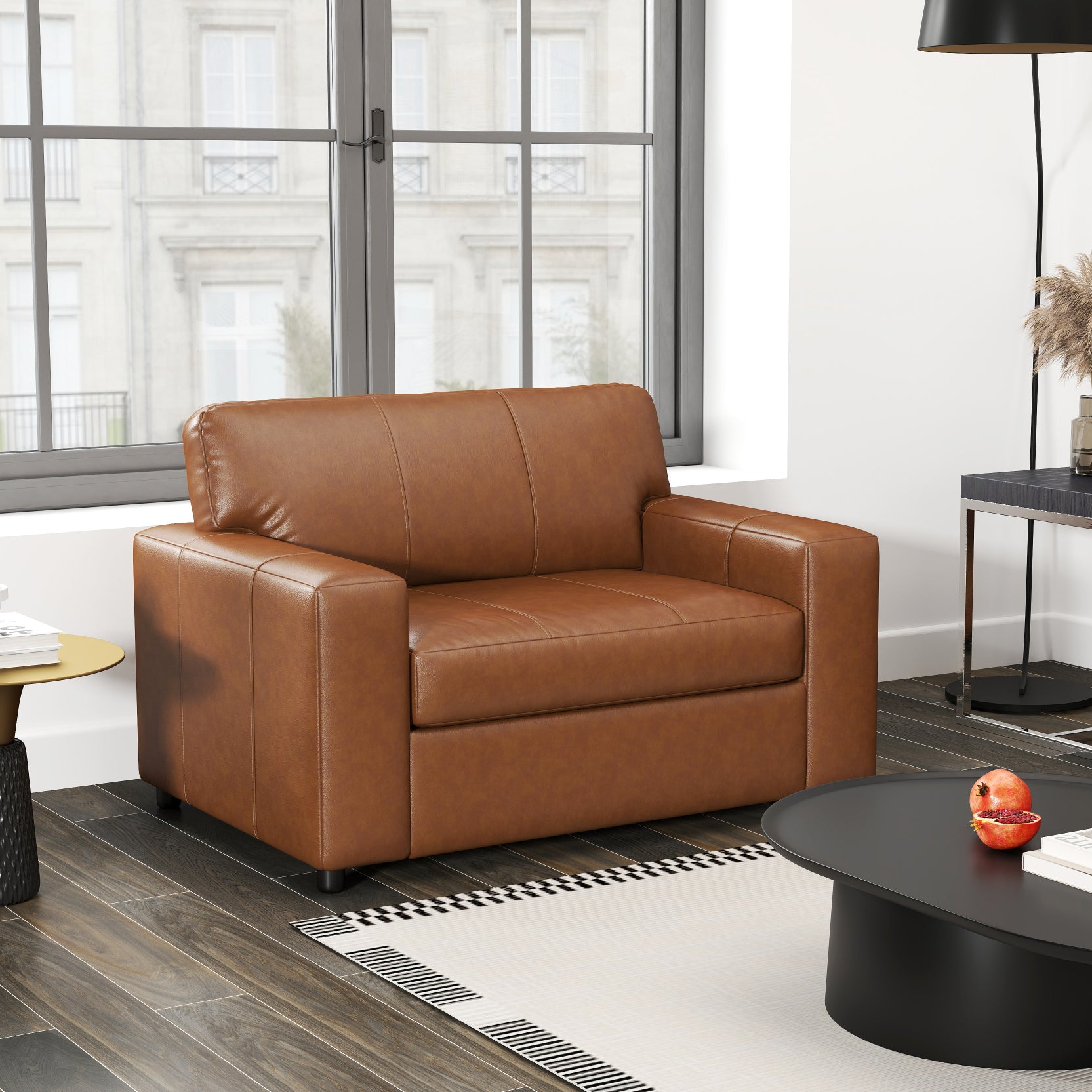 Roundhill Furniture Sakan Genuine Leather Upholstered Living Room Set - Sofa, Loveseat & Chair - Modern Sectional Couch for Home Theater, Family Room & Lounge Areas