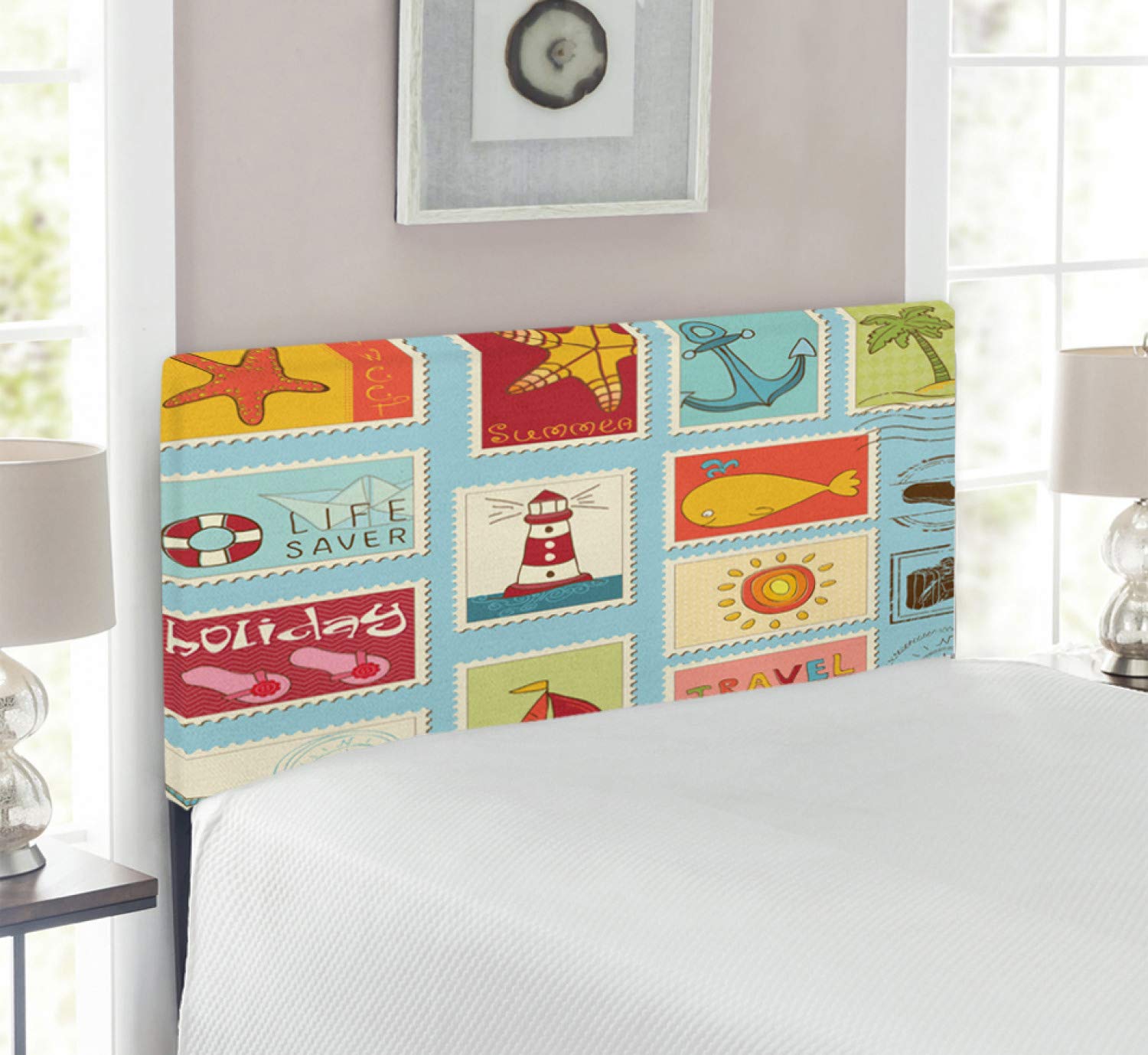 Ambesonne Seascape Upholstered Headboard - Nautical Lighthouse Anchor & Palm Trees Design - Decorative Metal Bed Frame with Memory Foam - Twin Size Multicolor Beach Theme - Perfect for Coastal Bedrooms, Guest Rooms & Vacation Homes