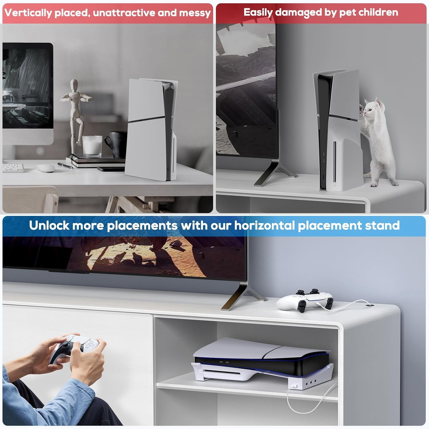 PS5 Slim Horizontal Stand with Cooling Base - 4 USB 2.0 Ports for PlayStation 5 Slim/Pro - White | Perfect for Gaming Setup & Console Protection
