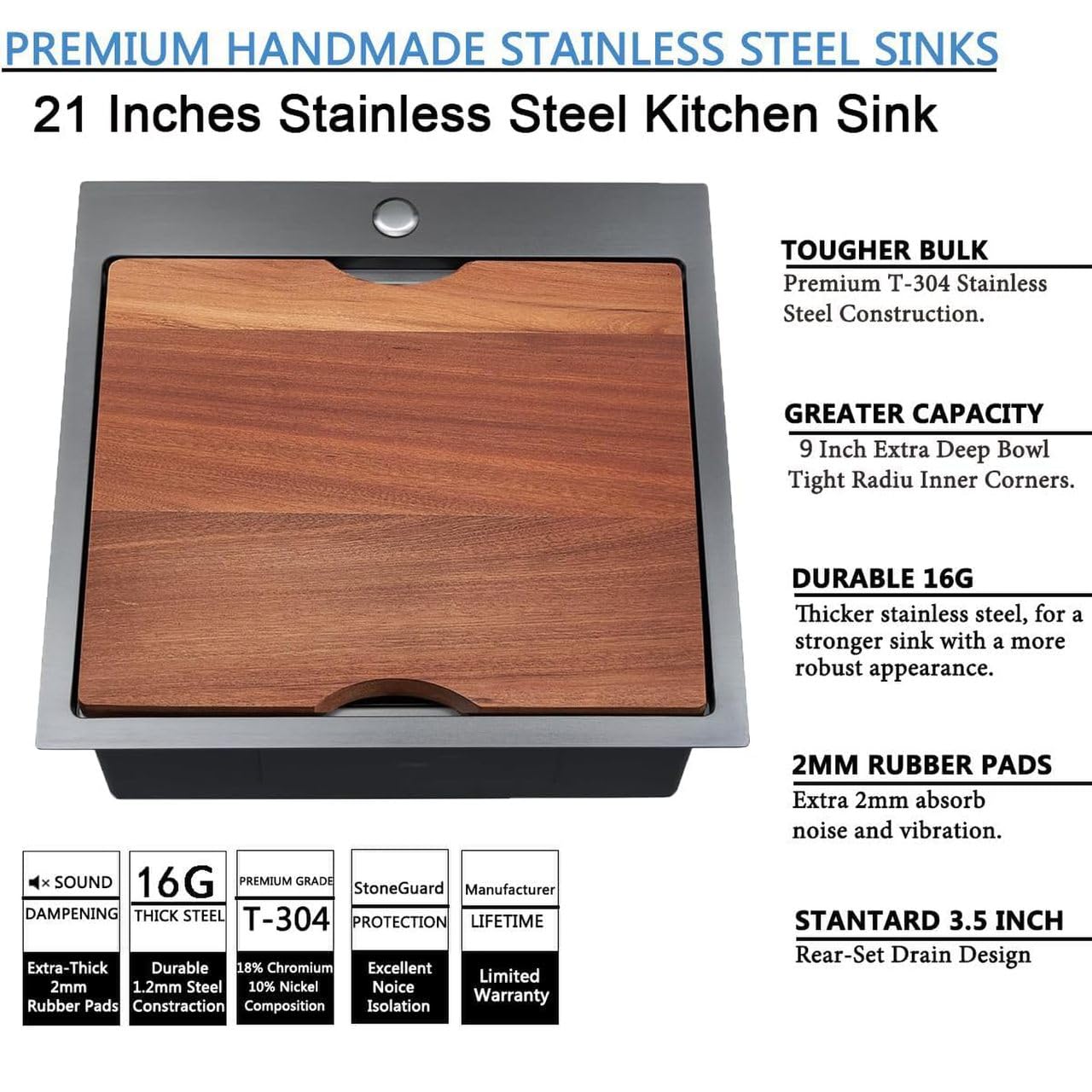 21x20 Inch Black Stainless Steel Drop-In Kitchen Sink - Square Single Bowl Topmount Workstation Sink for Bar Prep, RV, Laundry, Office & Outdoor Use - Durable Small Sink for Wet Bar & Yard Applications