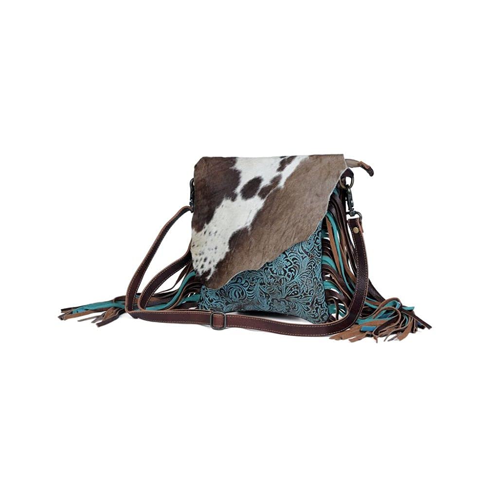 Myra Blue Cow Print Leather Fringe Bag - Conceal Carry for Outdoors