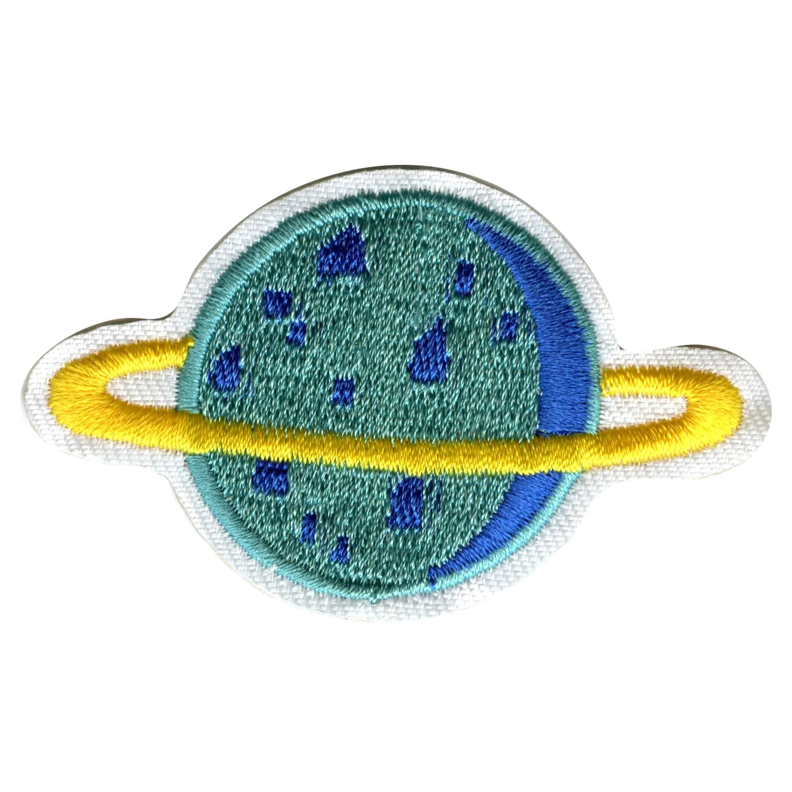 Teal Planet with Gold Ring Iron-On Patch - Space Themed Embroidered Applique for Jackets, Hats & DIY Crafts - Perfect for Astronomers & Sci-Fi Fans