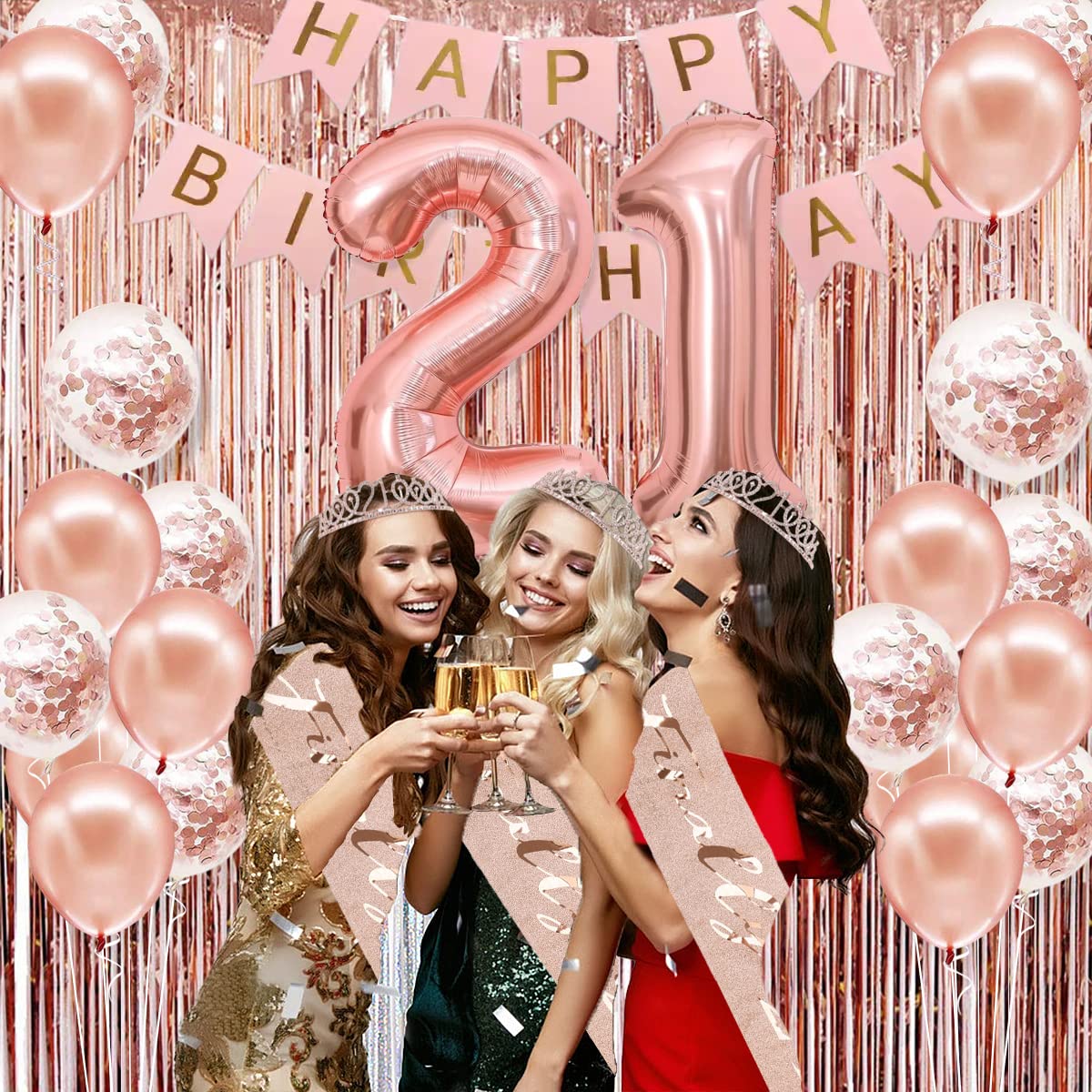 21st Birthday Party Decorations for Women - Rose Gold Banner, Crown, Sash, Cake Topper & Balloons Set | Perfect for 21st Birthday Celebrations, Milestone Parties & Girls' Night Decor