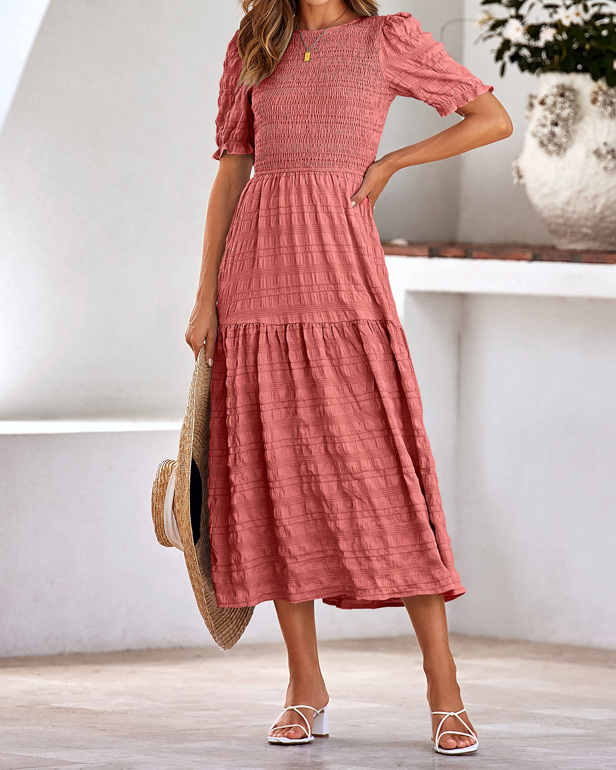 Dowerme Women's Summer Dresses 2025 - Casual Puff Short Sleeve Crewneck Smocked Flowy Ruffle Boho Maxi Sundress for Beach, Party & Vacation Wear