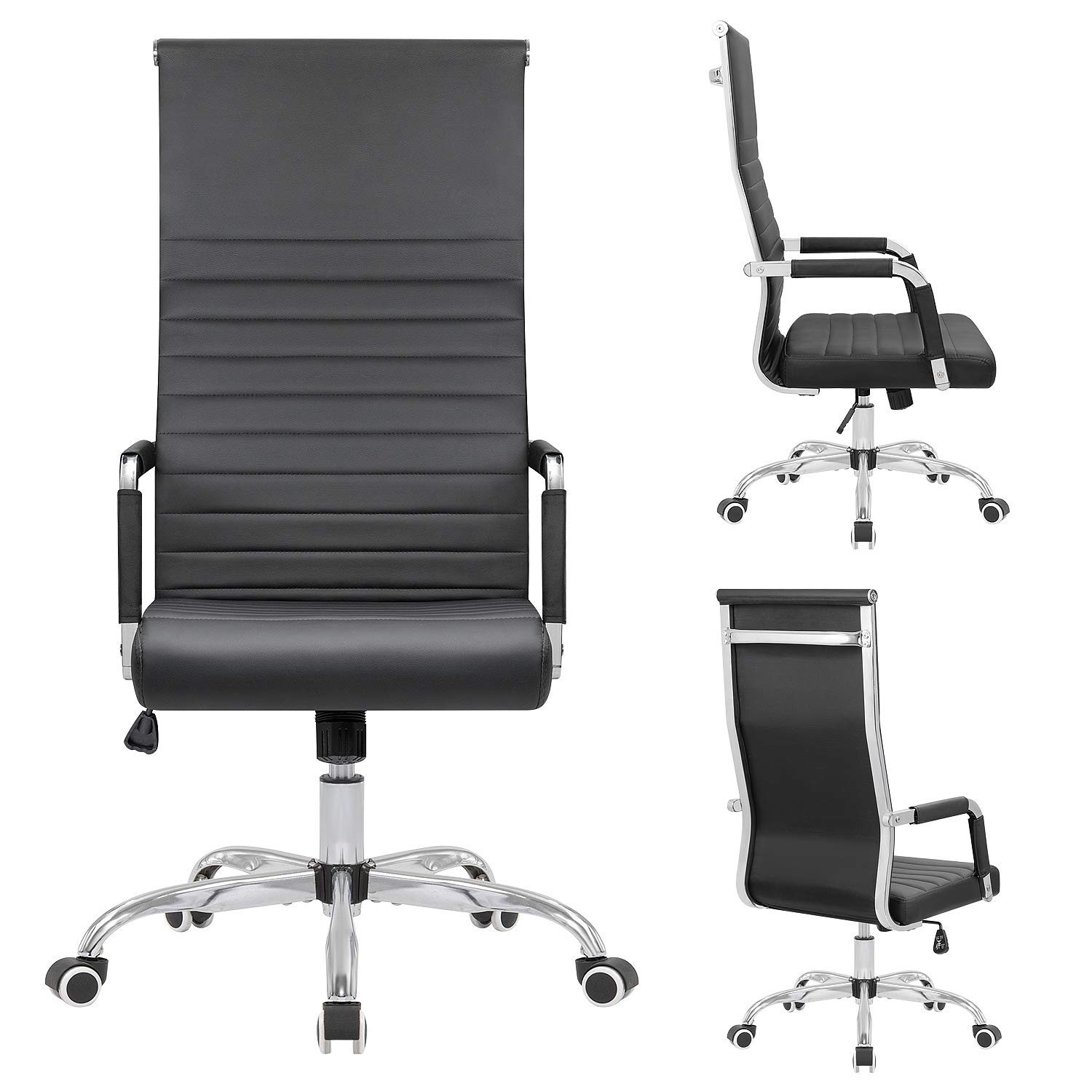 Ergonomic High Back Ribbed Office Chair - Adjustable PU Leather Desk Chair with Armrests, Swivel & Tilt Function for Home Office, Conference Room, Study or Leisure (Black) - Perfect for Long Work Sessions, Gaming & Remote Work
