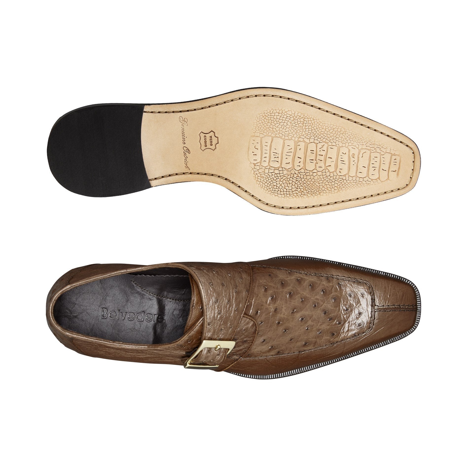 Belvedere Josh Genuine Ostrich Leather Dress Shoes for Men - Single Buckle Brown Formal Shoes 114011 - Perfect for Business Meetings, Weddings & Special Occasions