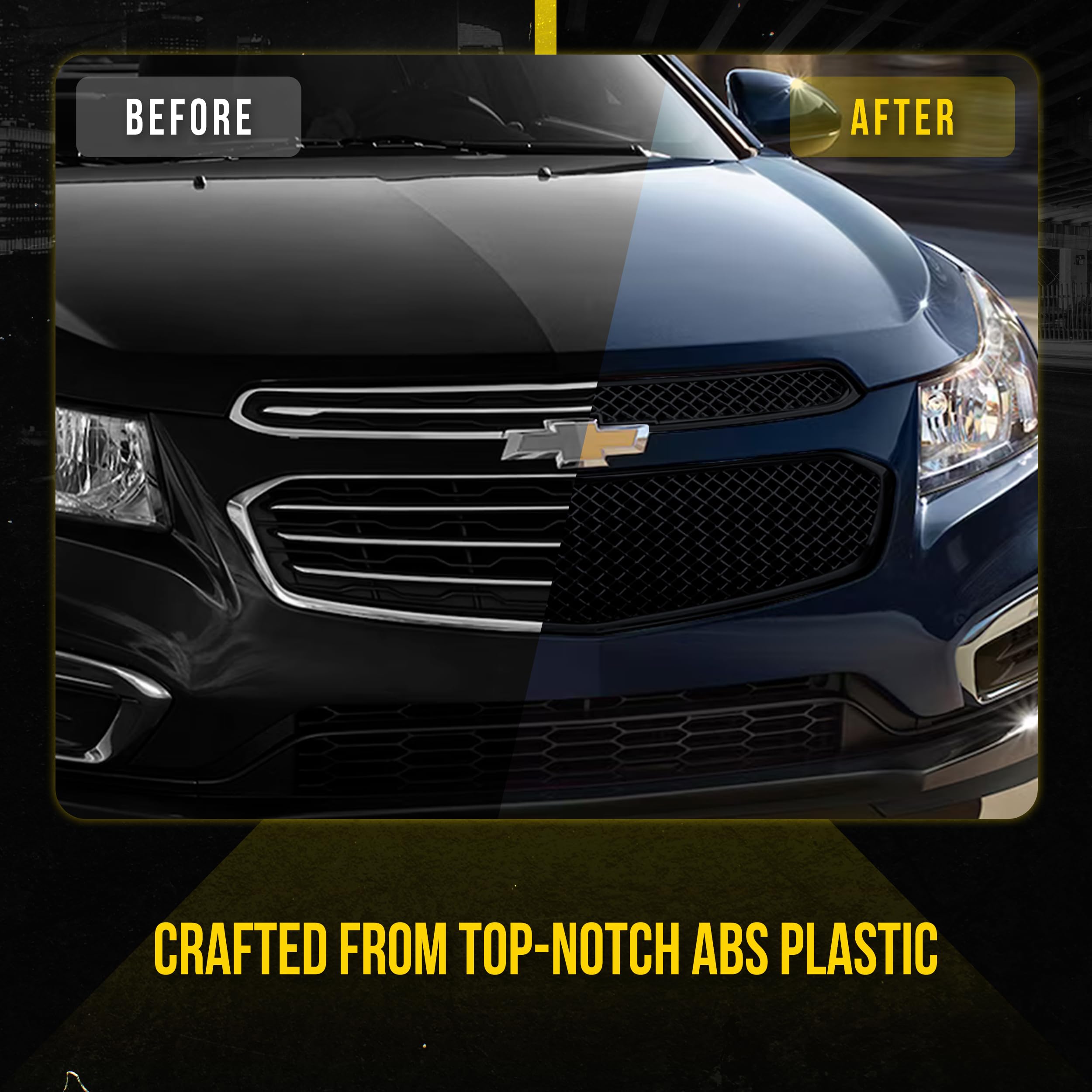 Patented ABS6423BLK 2-Piece Gloss Black Grille Overlay Insert for 2015-2016 Chevy Cruze LS/LT/LTZ - Easy Tape-On Installation, Durable ABS Material - Upgrade Your Car's Front Grille for Enhanced Style & Protection