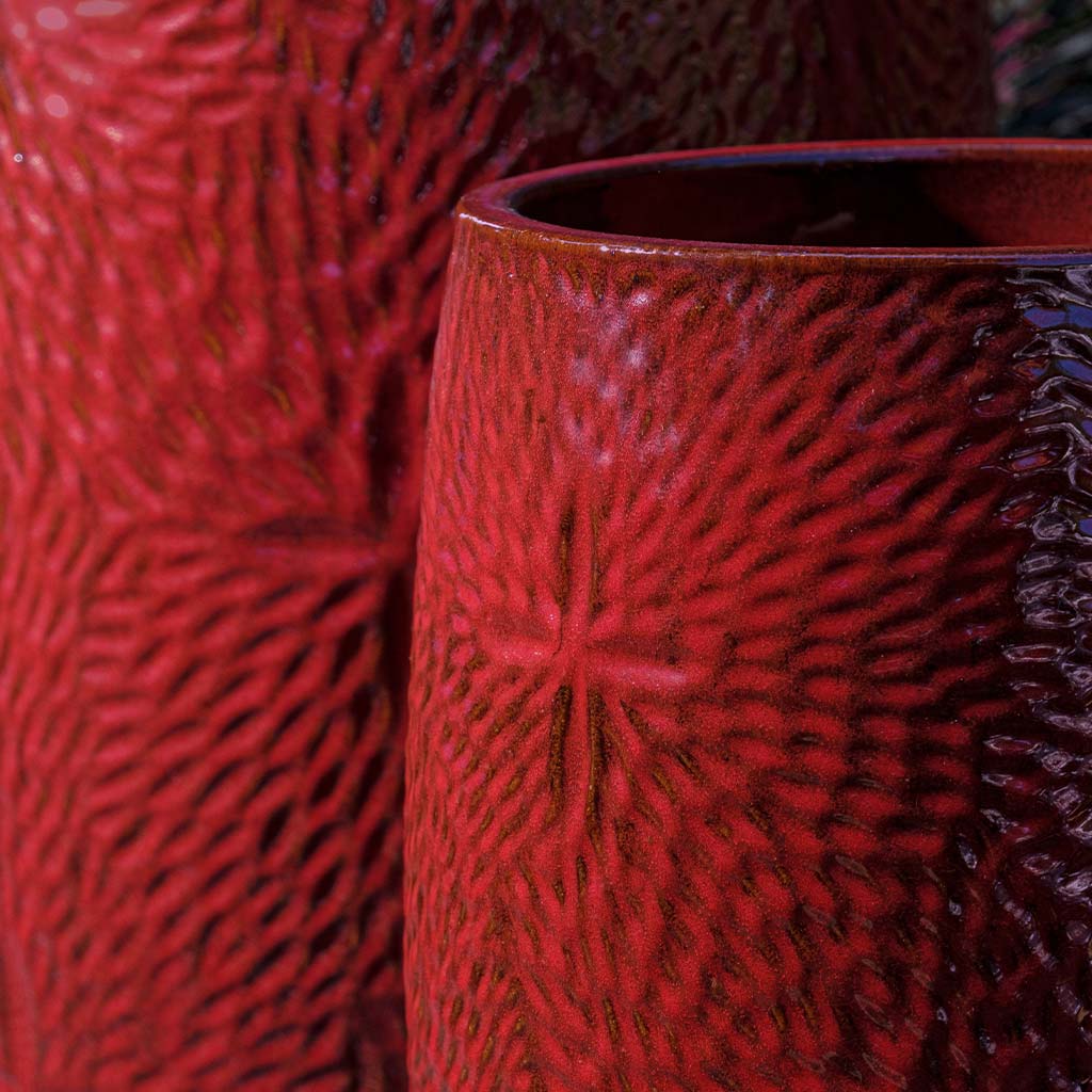 Campania International Sand Dollar Tall Planter Set of 2 - Tropical Red Ceramic Flower Pots for Indoor/Outdoor Plants | Perfect for Patio, Garden & Home Decor