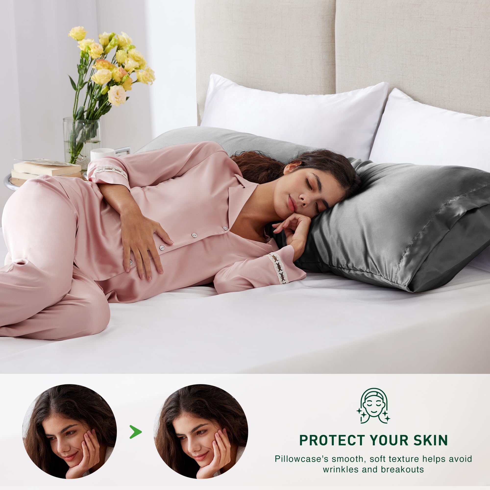 20x54 Inches Dark Grey Soft Satin Body Pillow Cover with Envelope Closure - Cooling Silky Pillowcase for Hair & Skin Care - Luxury Silk-Like Pillow Case for Bed, Sofa & Travel