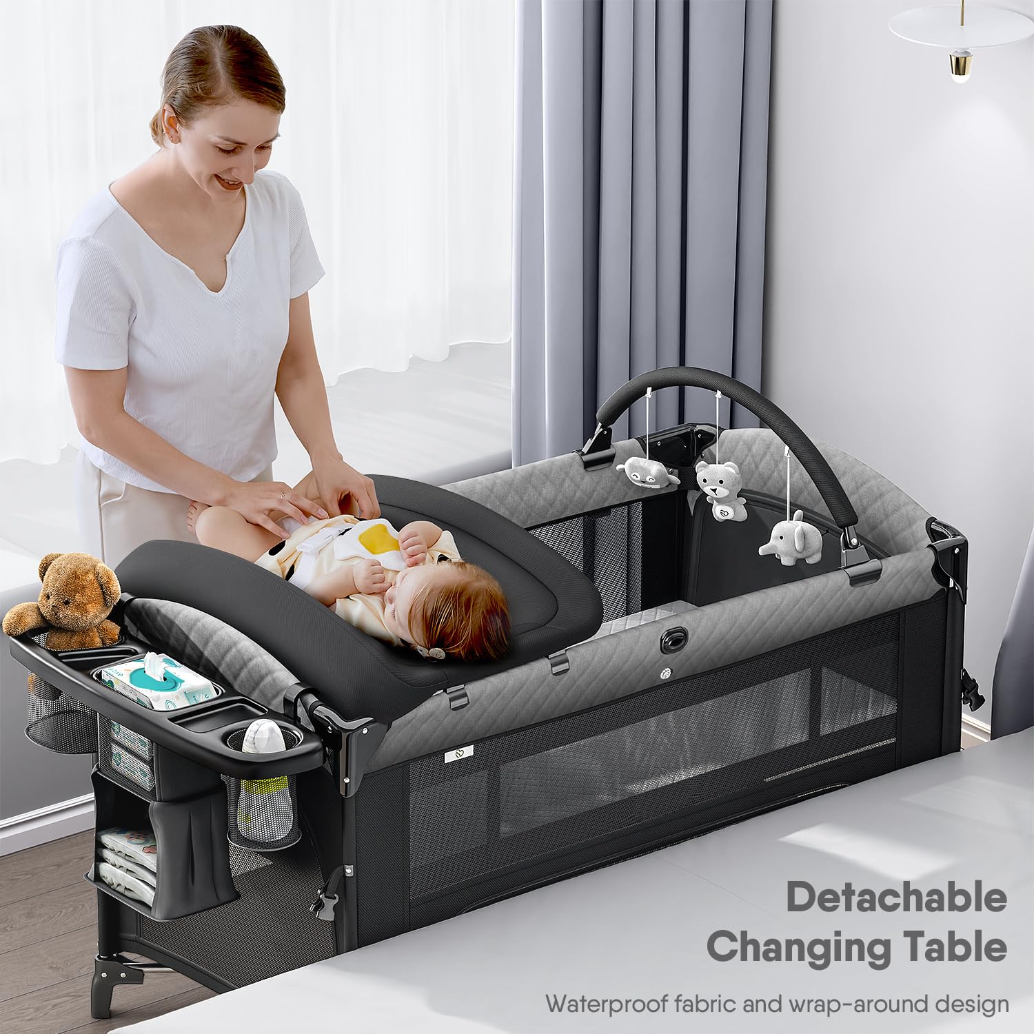 4 in 1 Baby Bassinet with Mattress - Convertible Pack and Play, Bedside Sleeper & Diaper Changer | Includes Mosquito Net, Storage Basket & Toy Bar | Perfect Nursery Essential for Newborns to Toddlers (0-24 Months) | Ideal for Bedroom, Travel & Daycare Use
