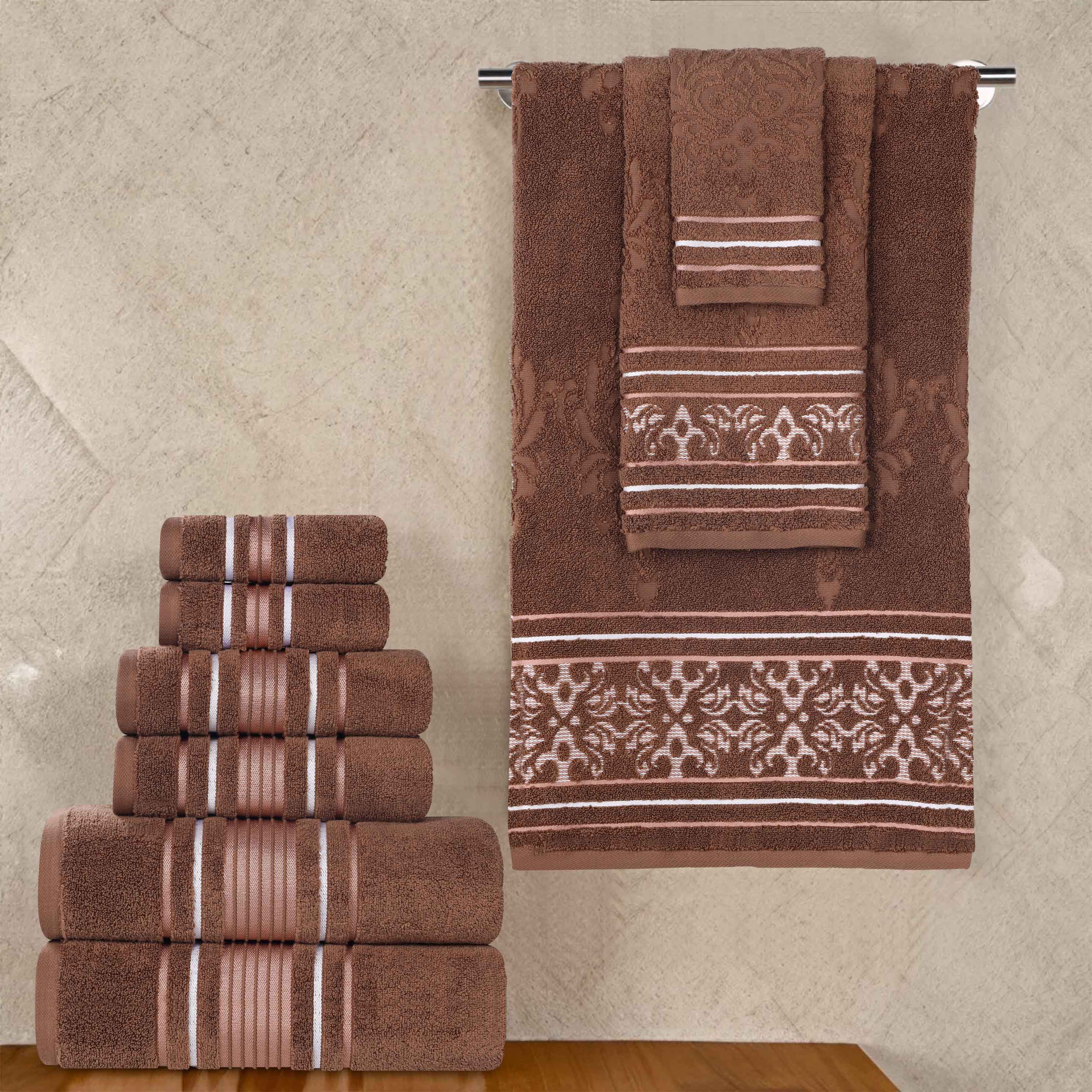 Sadie 9-Piece Zero Twist Cotton Towel Set - Solid & Jacquard Floral Bath Towels, Hand Towels & Washcloths - Soft & Absorbent for Bathroom, Spa & Guest Room