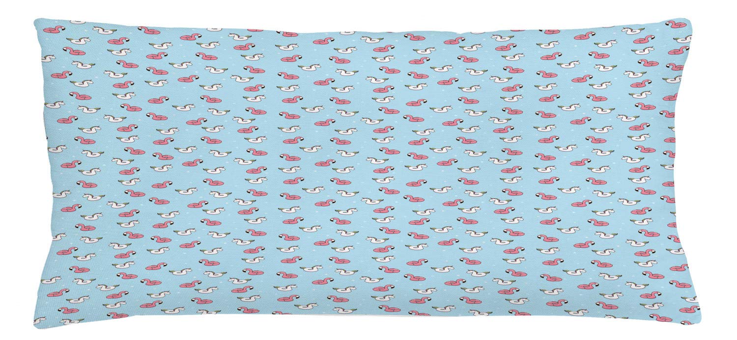 Ambesonne Pool Party Throw Pillow Cover - Inflatable Rubber Unicorn & Flamingo Cartoon Swimming Ring Design - Decorative Rectangle Accent Cushion Case 36x16 Inches - Pale Blue White Pastel Pink - Perfect for Summer Poolside Decor, Beach Themed Bedroom & Outdoor Party Accessories