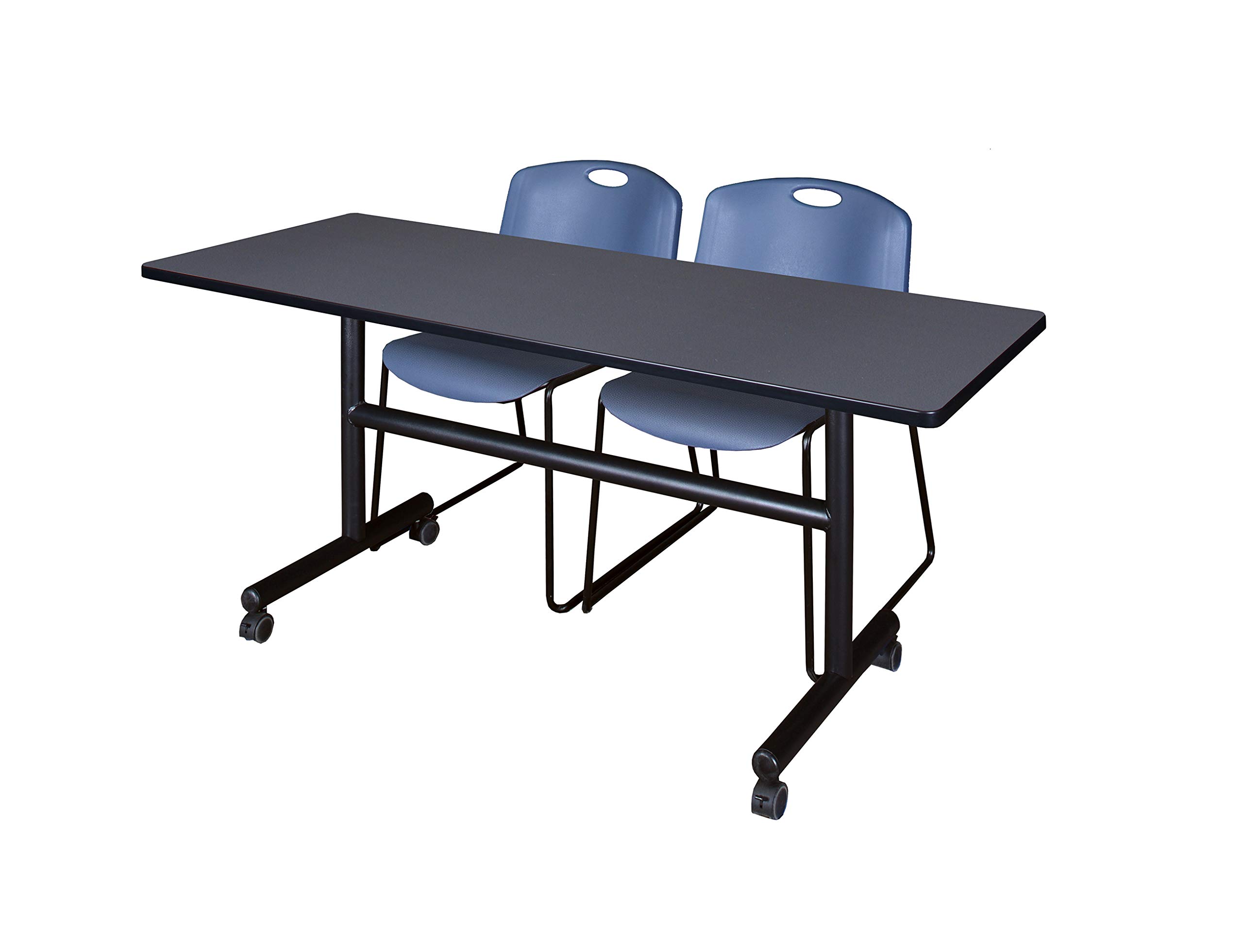 Kobe 60 Inch Flip Top Mobile Training Table with 2 Zeng Stack Chairs - Grey & Blue Set for Gym, Classroom, or Home Office