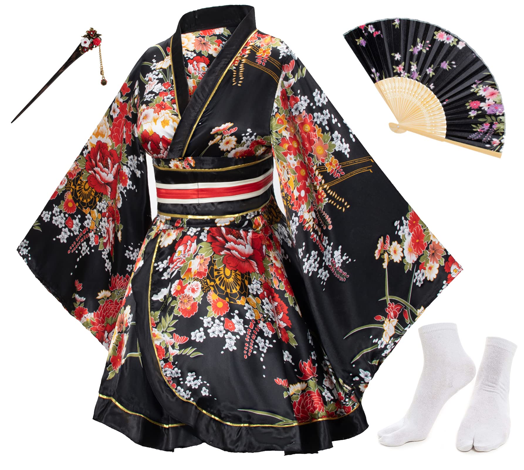 Japanese Anime Women's Dance Kimono Robe Costume with Silk Folding Fan, Tabi Socks & Hair Stick Set - Cosplay, Halloween, Themed Parties & Cultural Events