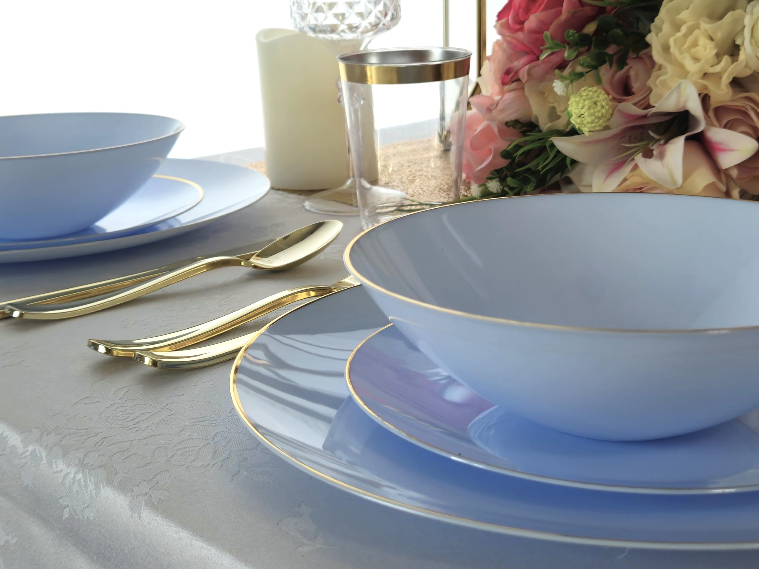 240 Pack Disposable Plastic Plates for Wedding & Party - 10.25 Inch Dinner Plates in Elegant Bali Blue & Gold - Perfect for Birthday, Baby Shower, Anniversary & Special Events