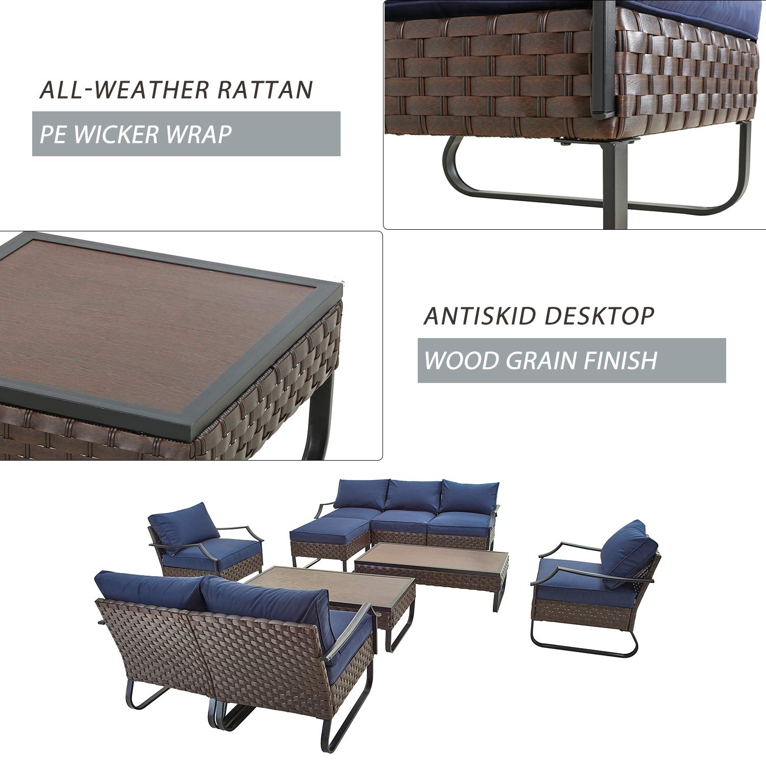 10-Piece Outdoor Patio Conversation Set - All-Weather PE Rattan Sectional Sofa with Loveseat, Coffee Table & Removable Cushions (Blue) - Perfect for Backyard, Garden, Poolside or Terrace Relaxation