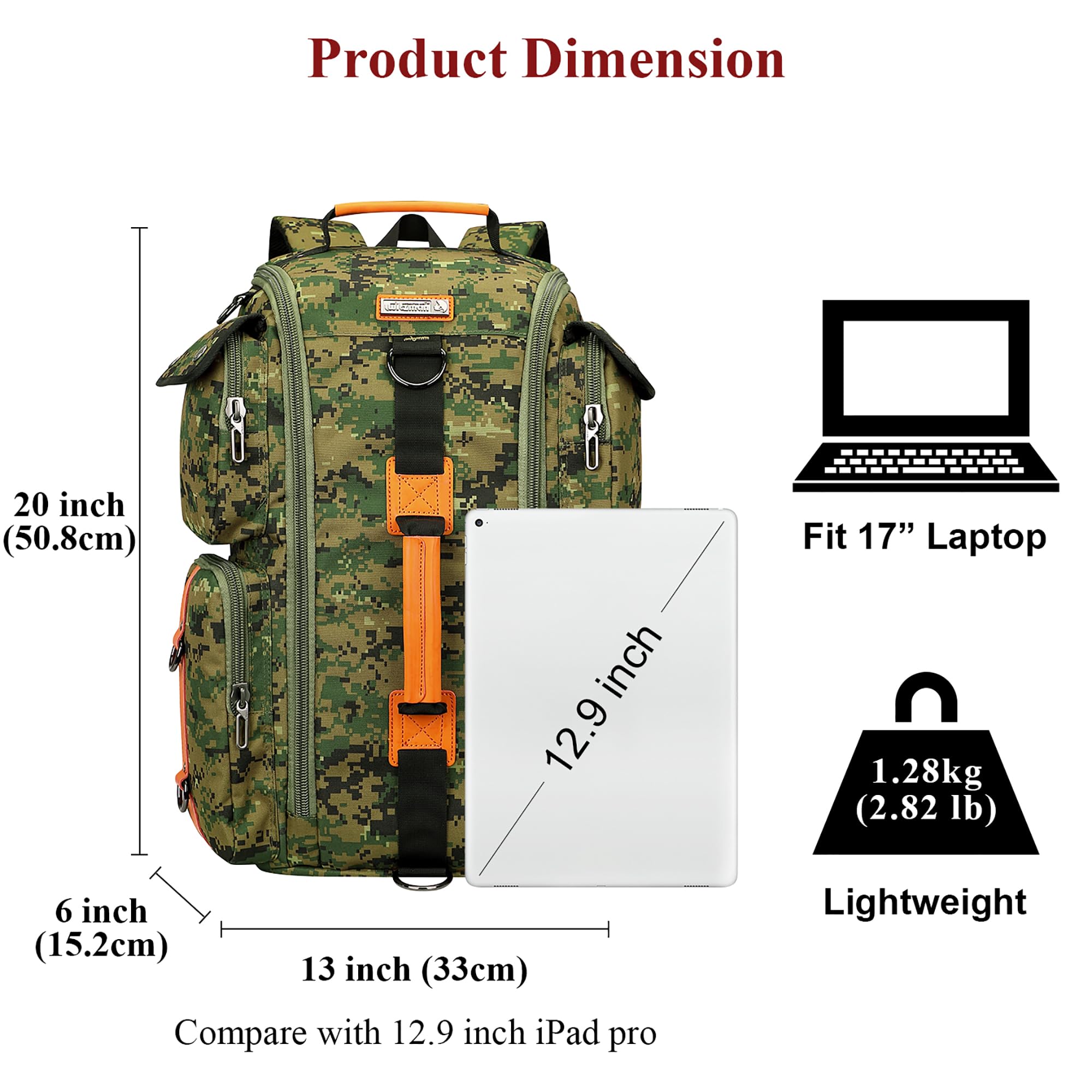 WITZMAN Digital Camo Backpack for Men - Large Capacity 17 Inch Laptop Backpack & Carry On Duffel Bag (6695 Camo Green) | Perfect for Travel, Work, School & Outdoor Adventures