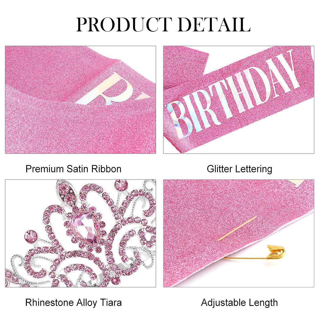 Elegant Pink Rhinestone Birthday Tiara & Sash Set for Women - Sparkling Birthday Crown, Girl's Party Accessories - Perfect for Birthday Celebrations, Bachelorette Parties & Special Occasions