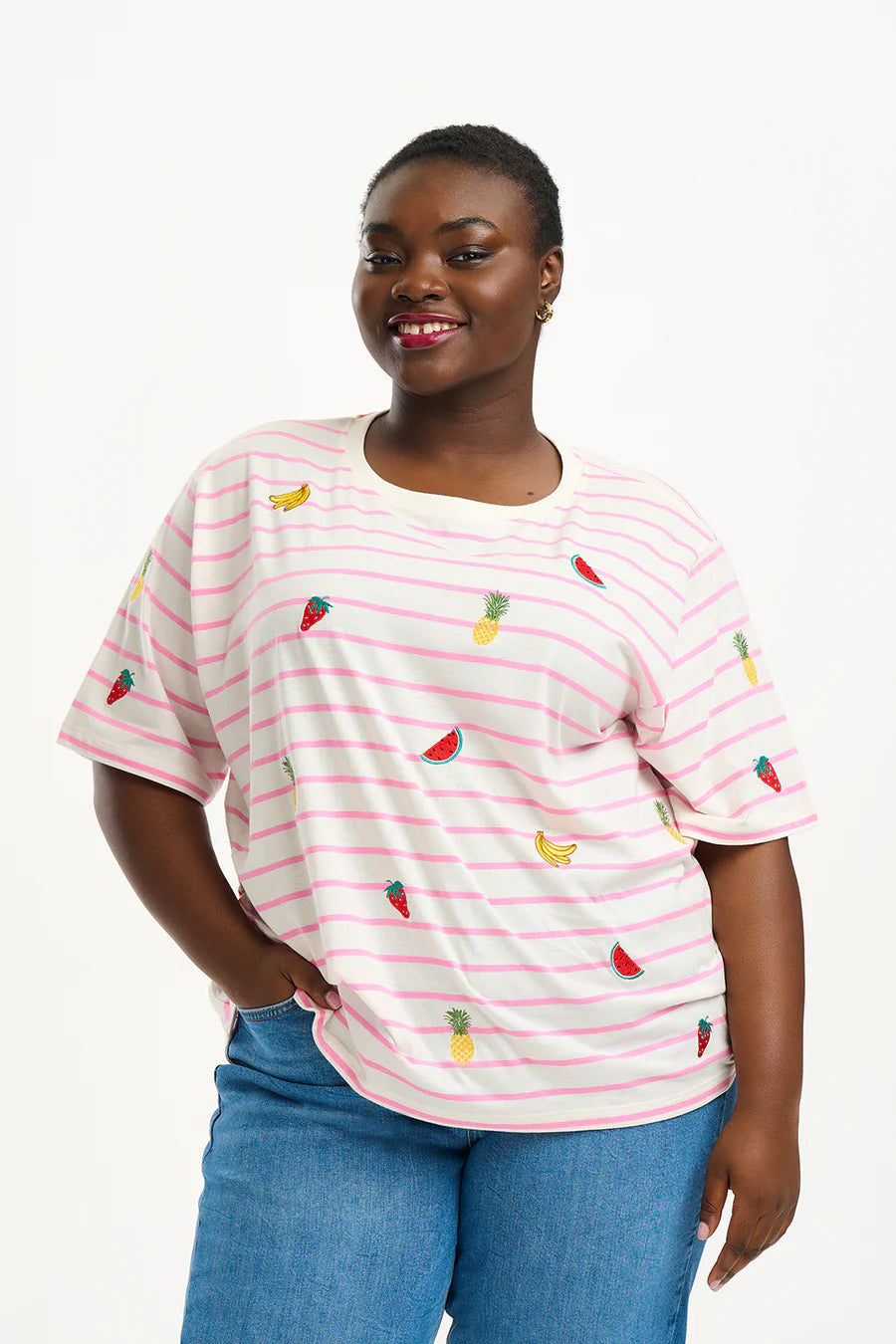 Kinsley Relaxed Fit T-Shirt for Women - Soft Cotton Casual Tee in Off White & Pink Fruit Print | Perfect for Everyday Wear, Lounge & Outings