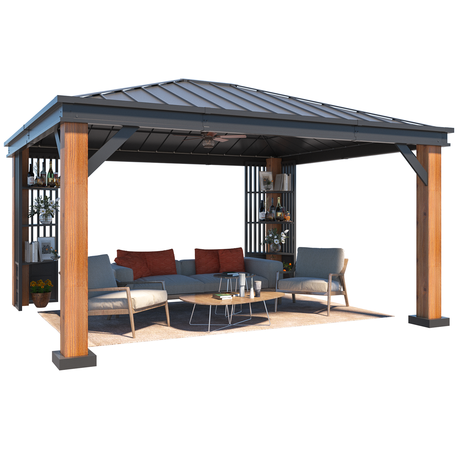 12' x 14' Hardtop Gazebo - Galvanized Steel Roof & Wood Grain Aluminum Frame - Permanent Metal Pavilion with 3-Tier Storage Shelves - Perfect for Backyard, Patio, and Outdoor Entertaining