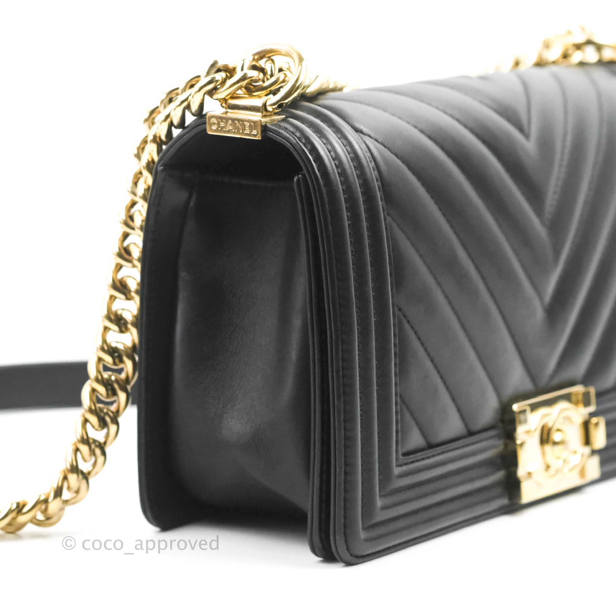 Chanel Chevron Medium Boy Bag in Black Calfskin with Gold Hardware - Luxury Handbag for Women, Perfect for Evening Events & Special Occasions
