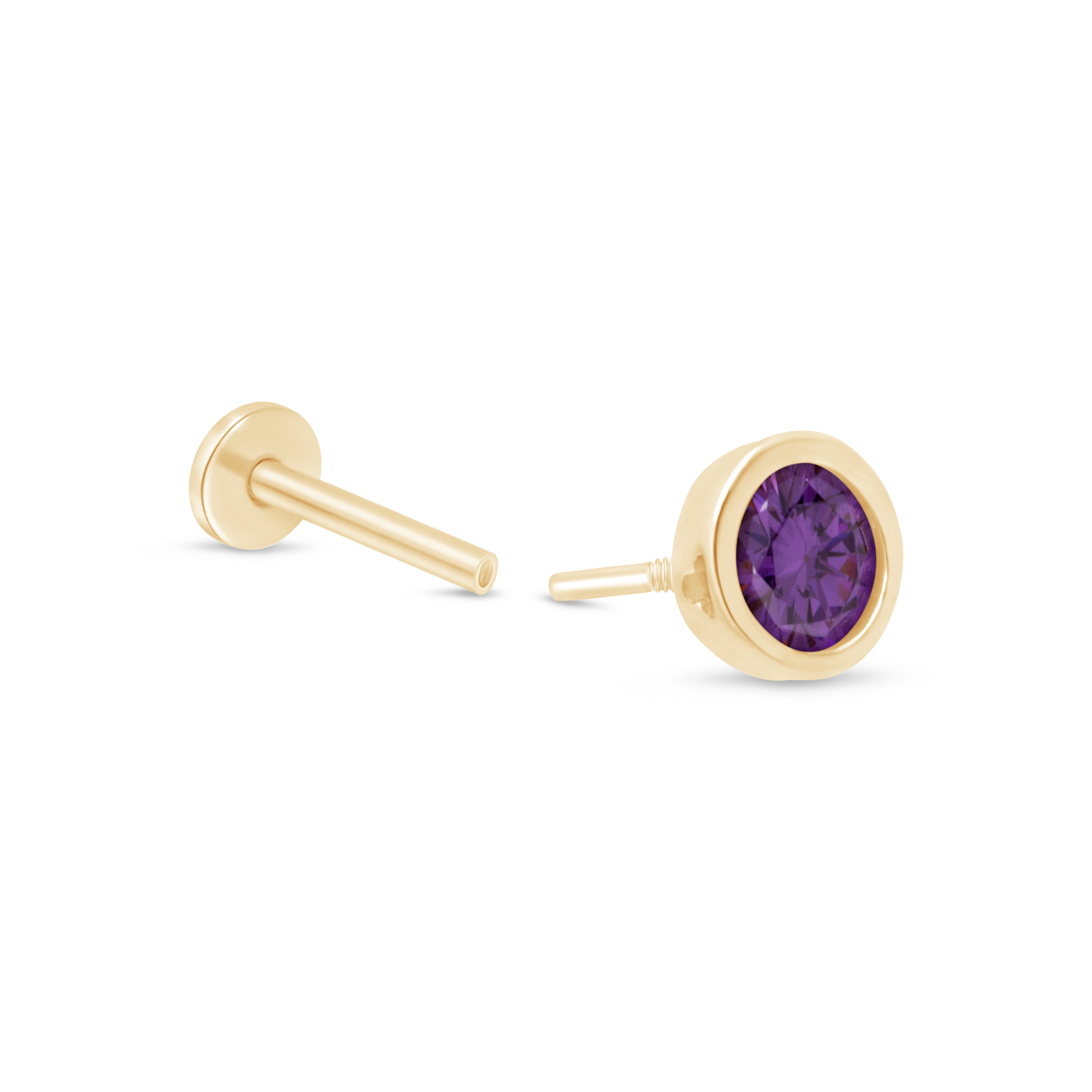 14K Yellow Gold Round Amethyst Stud Earrings - Flat Back Bezel Set Gemstone Jewelry for Women, Gift for Her, Perfect for Everyday Wear & Special Occasions