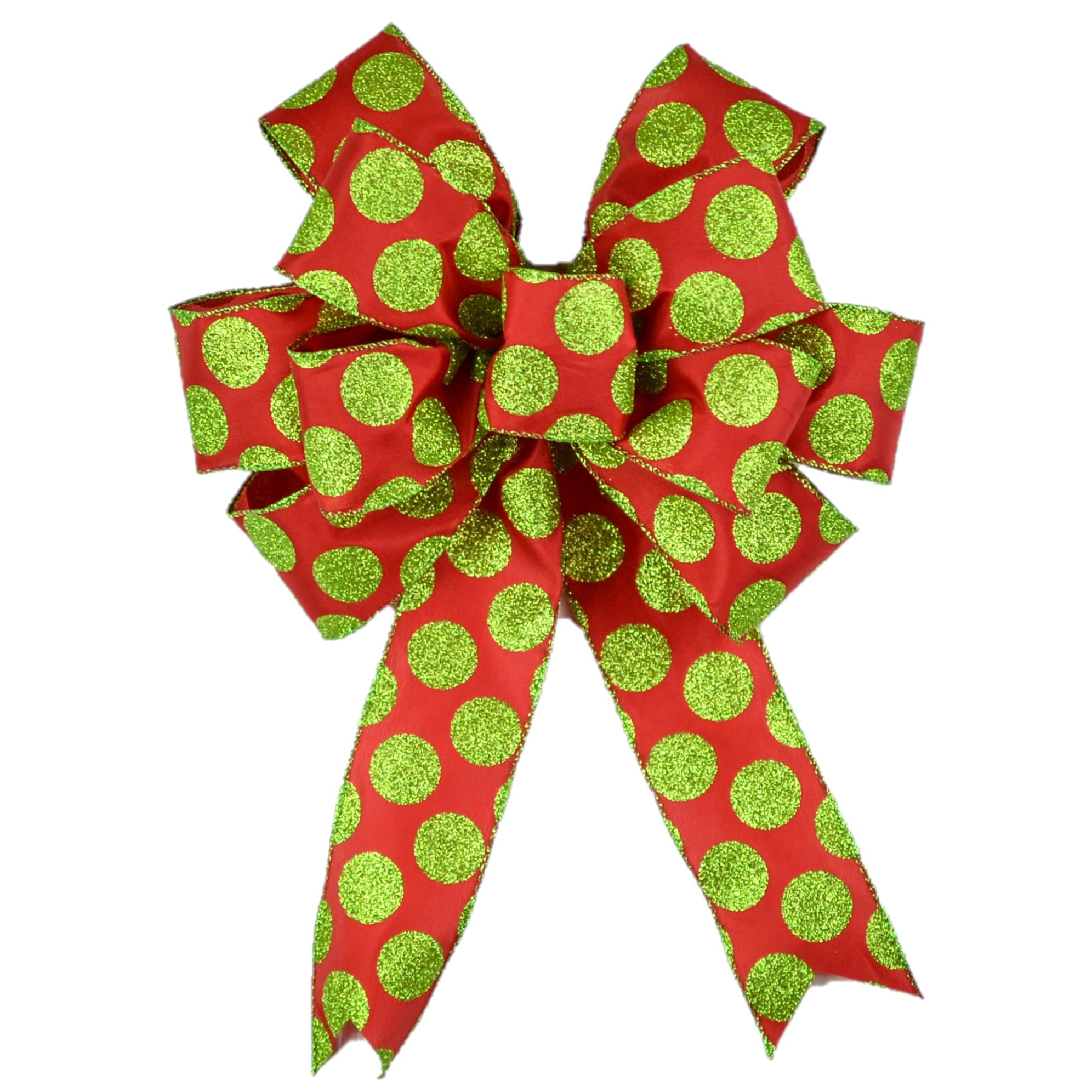 Christmas Wreath Bow Set of 1 - Custom Red Lime Polka Dot Decorative Ribbon for Staircase, Garland, Lantern & Holiday Decorations - Perfect for Christmas Tree, Mantel, Front Door & Gift Wrapping