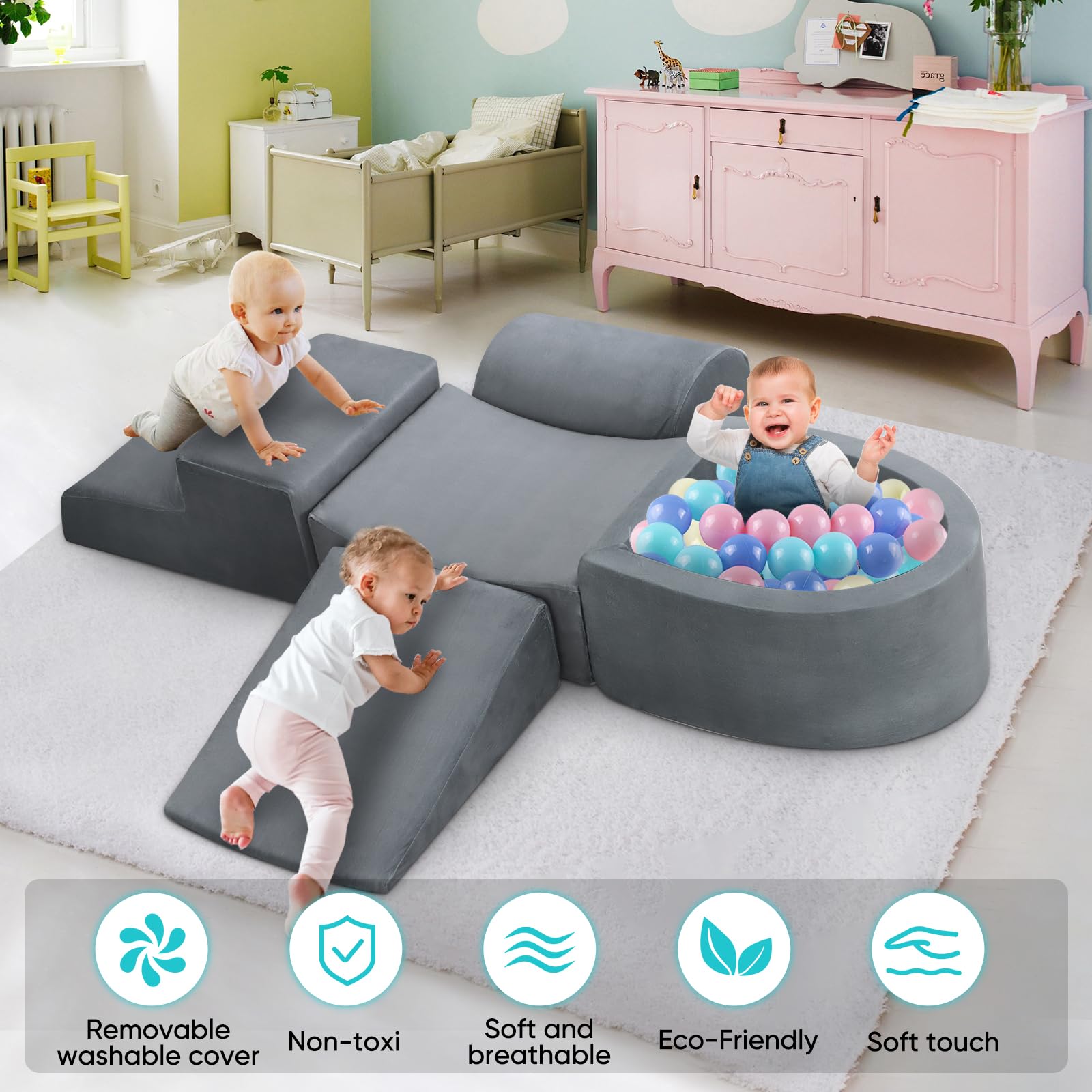 **Soft Foam Climbing Blocks & Ball Pit for Toddlers – 5-Piece Indoor Play Gym Set (Grey) – Safe & Fun Toddler Playroom, Nursery, or Daycare Activity Toys**