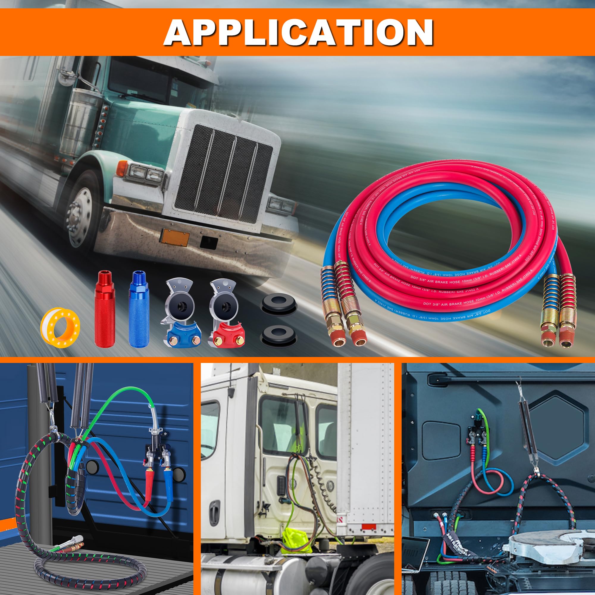 15FT Air Brake Line Hose Kit for Semi Trucks & Trailers - Durable Aluminum Extension Handles & Emergency Glad Hands - Color-Coded Rubber Air Brake Hose Assembly - Perfect for Tractor, Trailer & Heavy-Duty Vehicle Maintenance