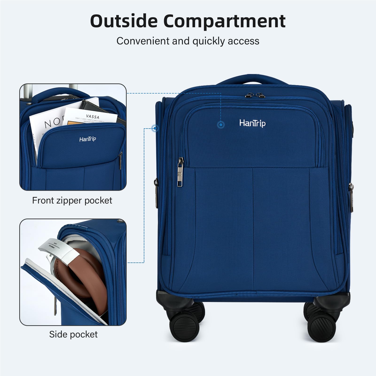 16 Inch Underseat Carry On Luggage with Wheels - Softside Small Suitcase for Air Travel, Personal Item Bag with Pockets - Lightweight Business Overnight Bag for Men & Women (Blue) | Perfect for Business Trips, Weekend Getaways & Cabin Luggage