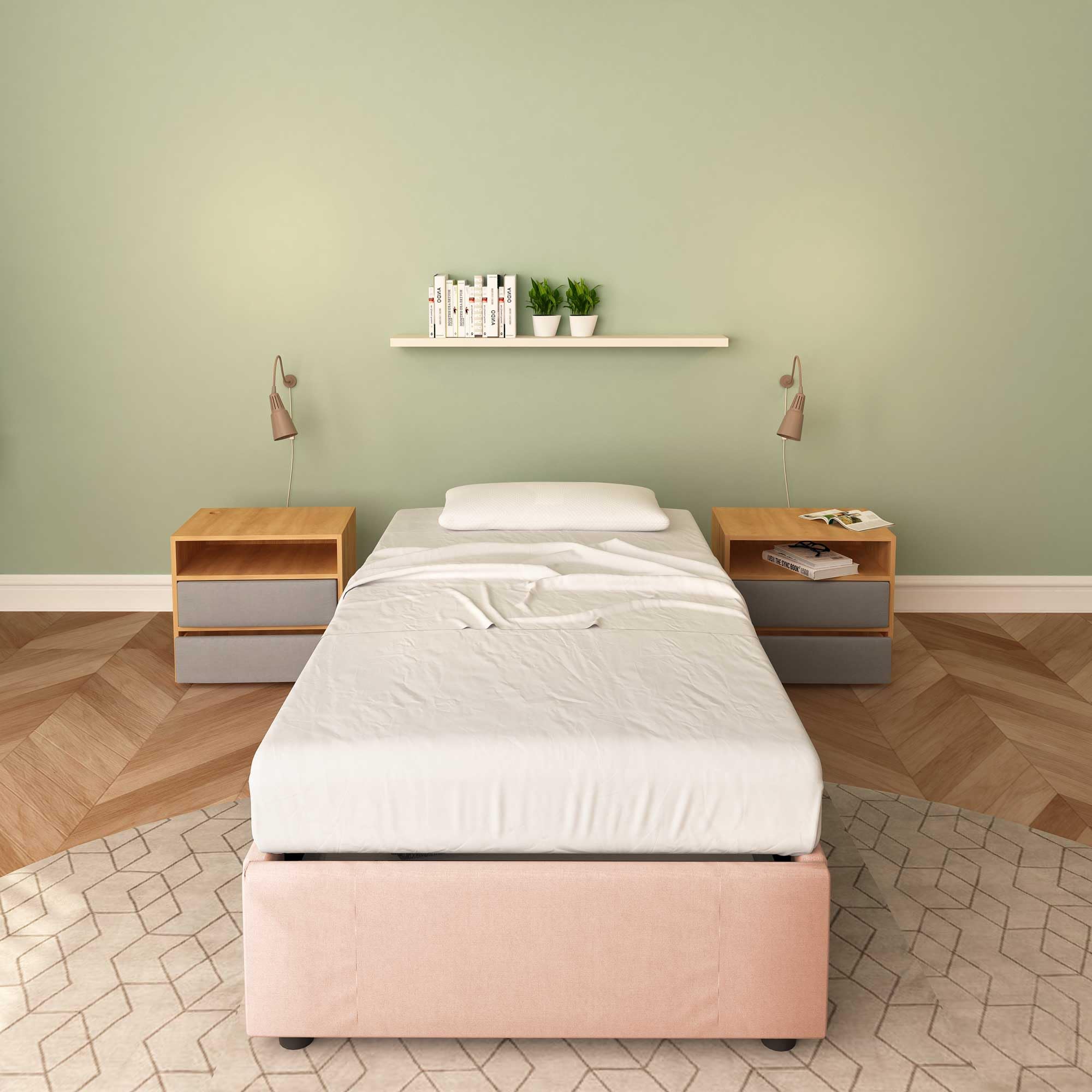 Baldiflex Square and Half Bed with Storage Container, Cloe Fabric Model, No Headboard, Slatted Base for Mattresses, 100 x 200 cm, Antique Pink - Perfect for Small Bedrooms, Guest Rooms & Kids' Rooms