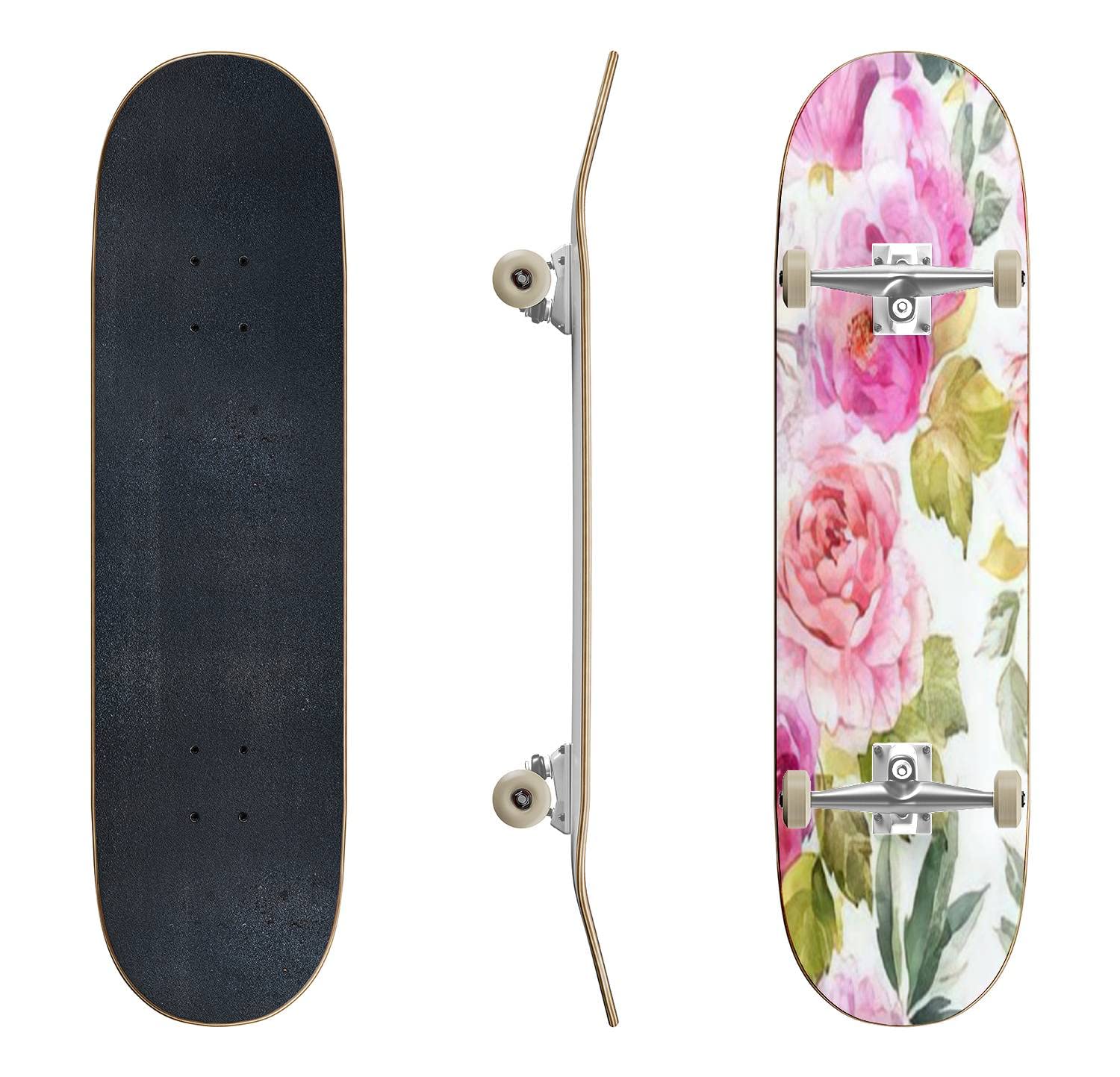 Floral Watercolor Skateboard with Roses - Classic Concave Longboard for Beginners & Pros | Extreme Sports, Teen Gifts, Cool Stuff | Perfect for Street Skating, Park Tricks & Commuting