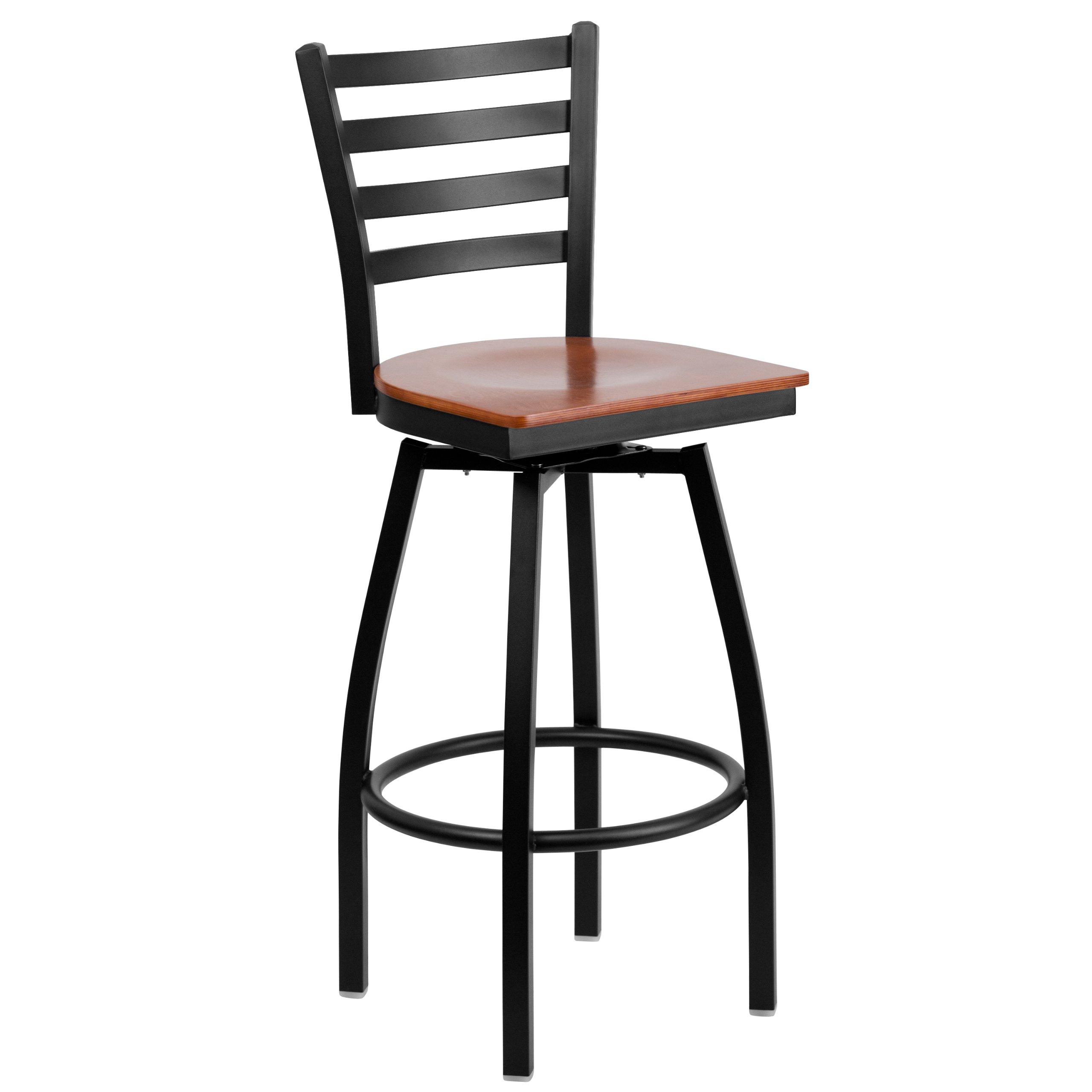 Black Metal Ladder Back Swivel Bar Stool with Cherry Wood Seat - Modern Kitchen Island & Home Bar Stool for Dining & Entertainment Areas