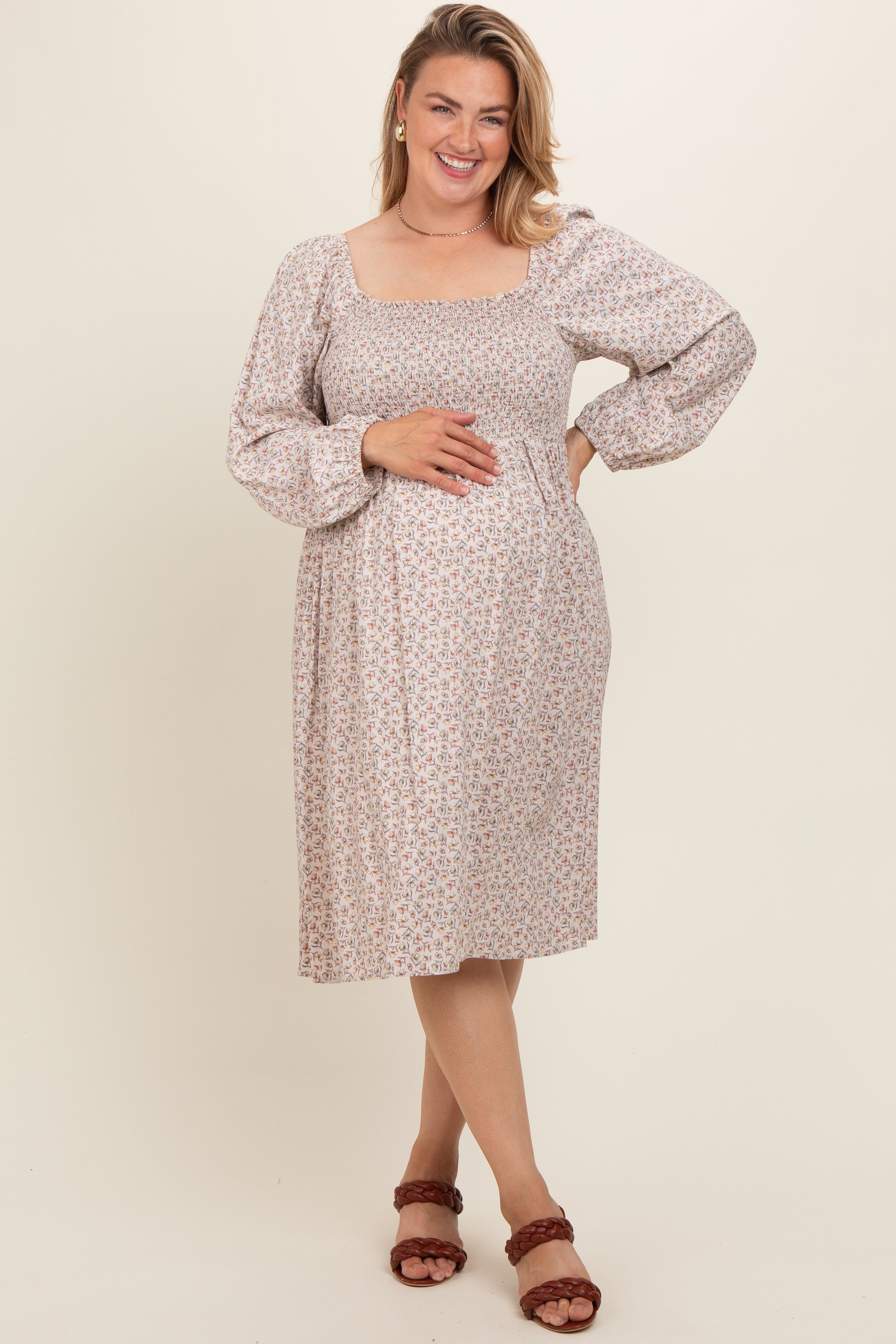 Beige Floral Print Long Sleeve Maternity Plus Size Midi Dress for Pregnancy, Nursing & Special Occasions | Comfortable & Stylish Maternity Wear