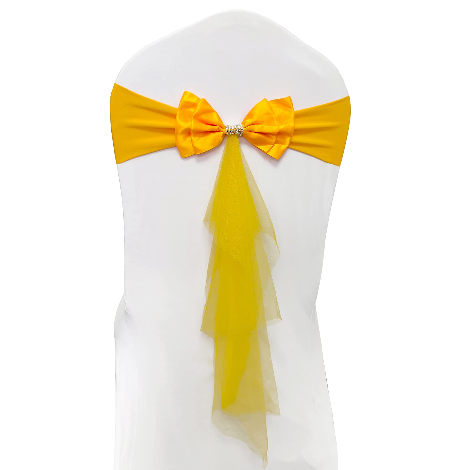 Elegant Gold Yellow Organza Chair Sash Bows - Pack of 60 for Wedding Chair Decorations, Party Decor & Banquet Events - Floating Tied Spandex Chair Cover Bands with Bowknot for Special Occasions